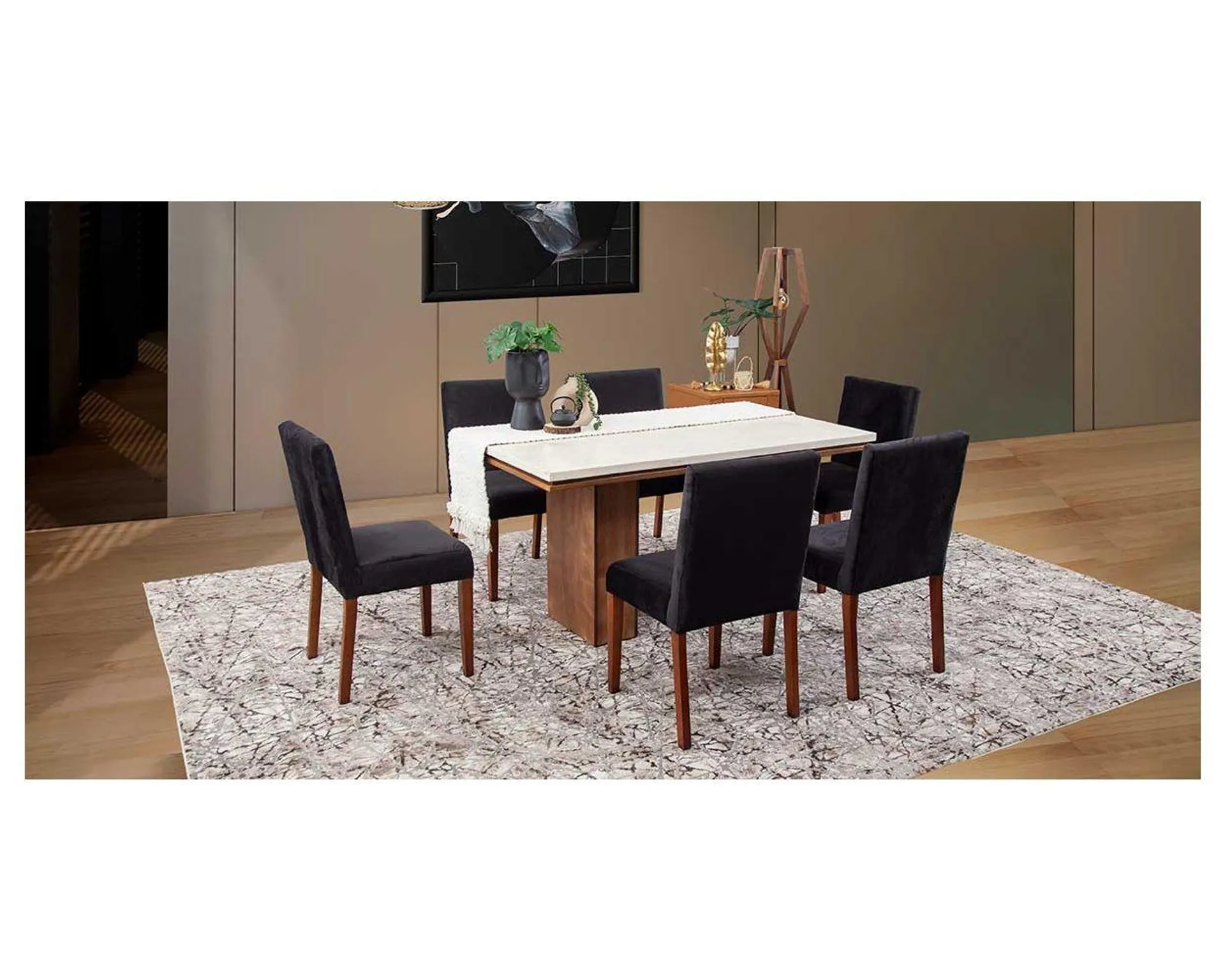 Comedor Rectangular De Mármol Alessia Beige/Negro 7 Piezas