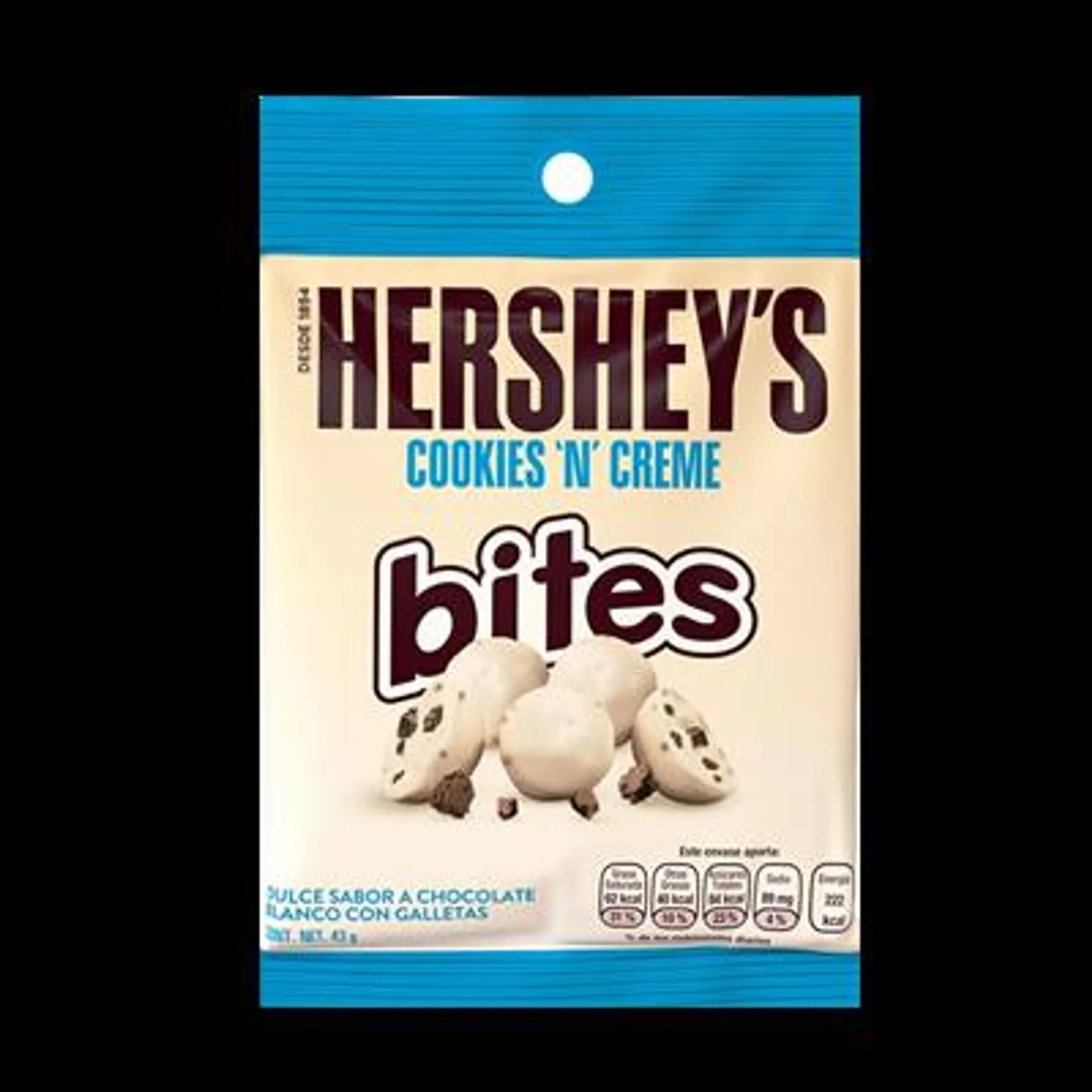 BOLSA CHOCOLATE BITES COOKIES AND CREME . HERSHEYS 43 GRAMOS