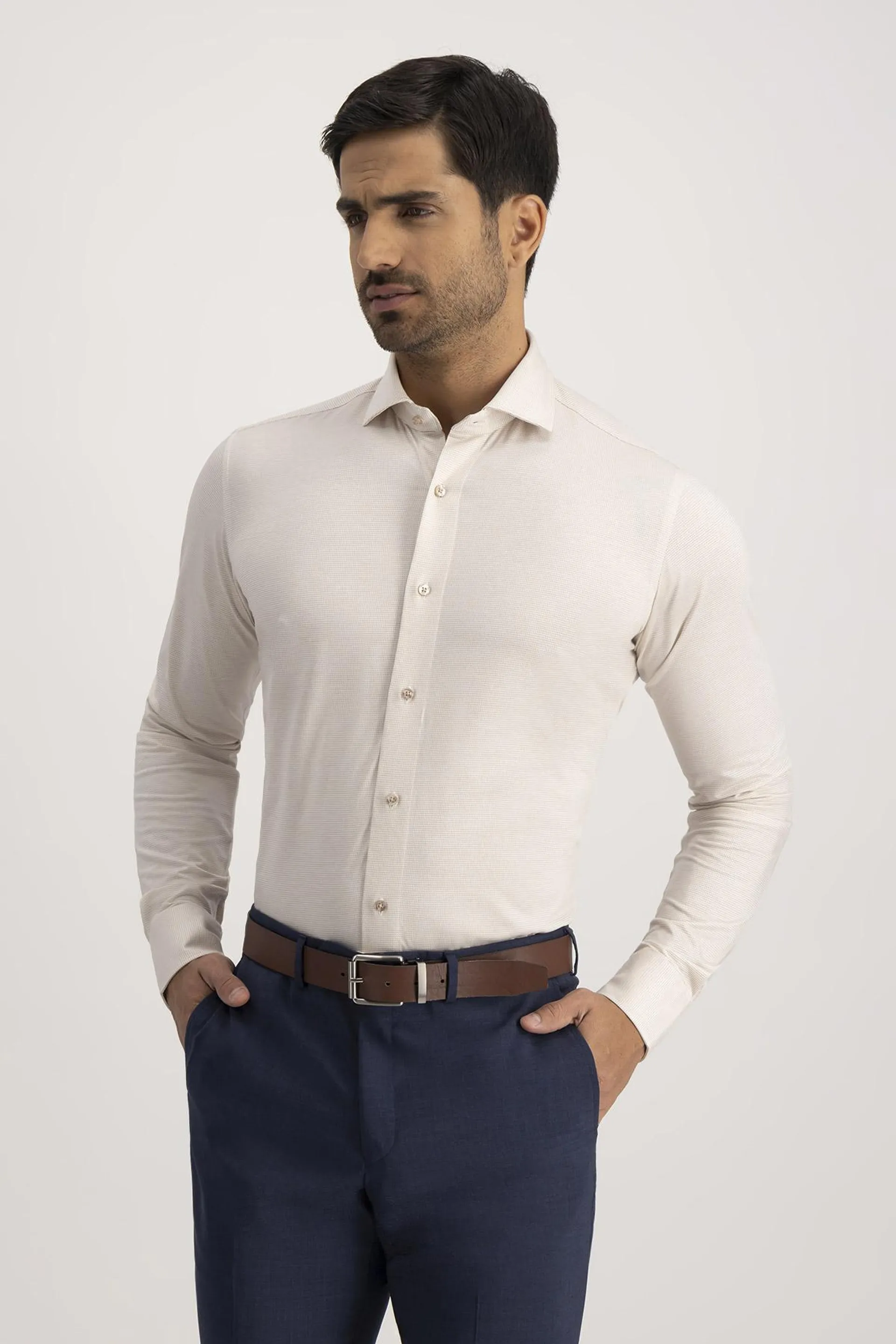 Camisa Formal Knit Calderoni Beige Contemporary Fit