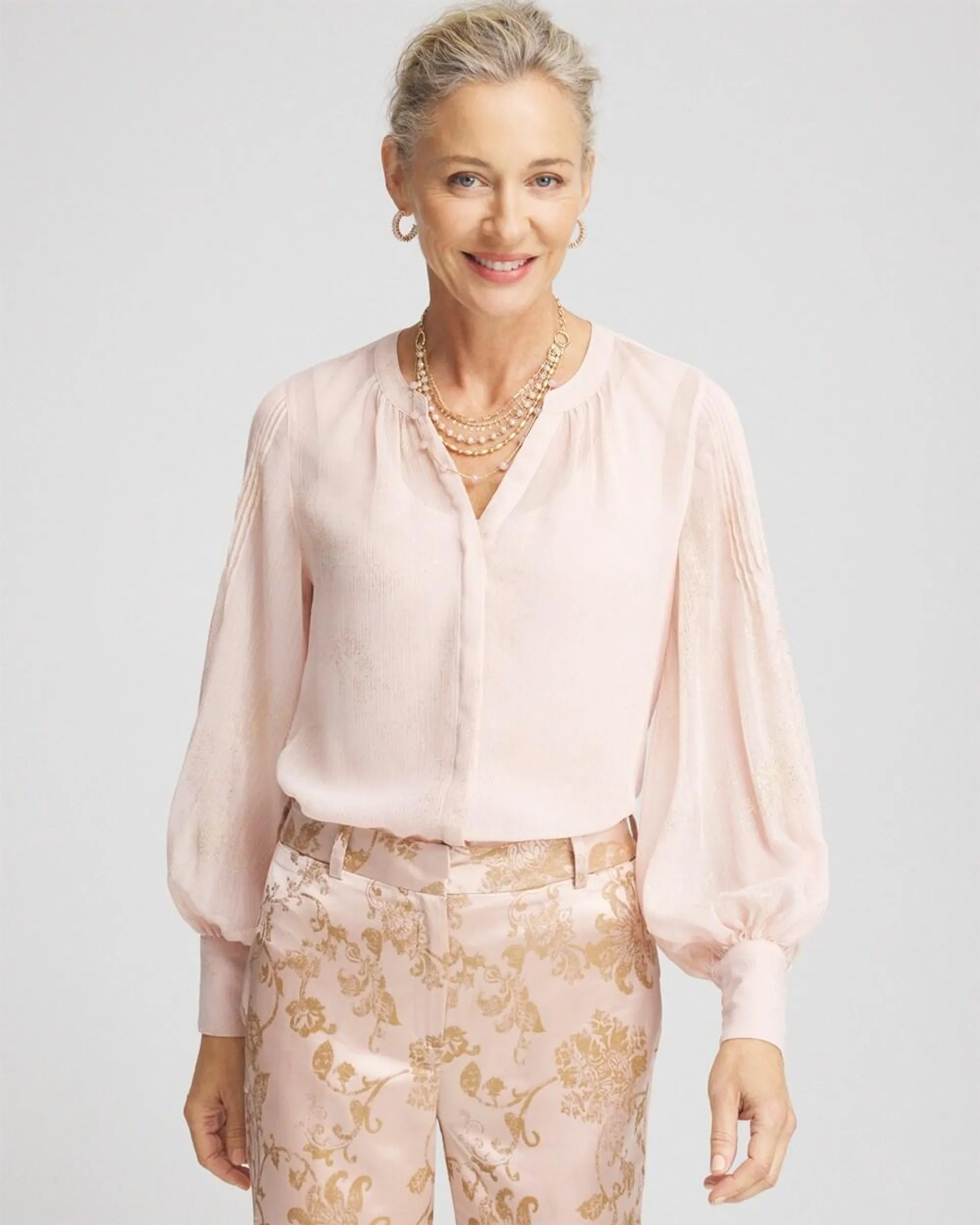 Gold Foil Chiffon Pintuck Blouse