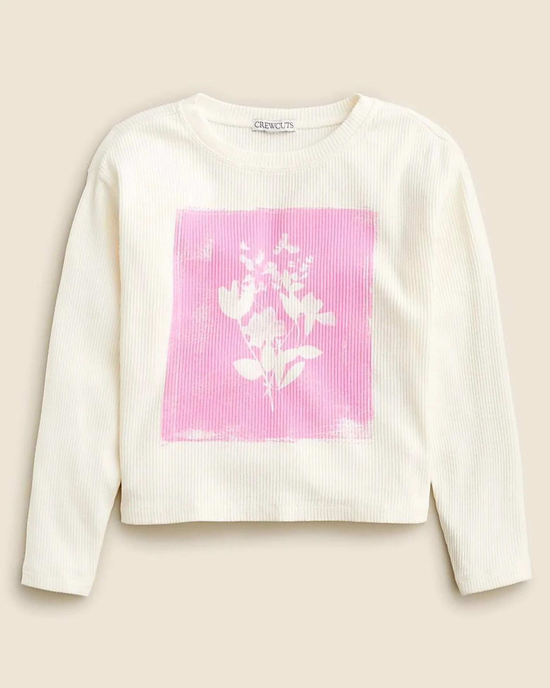 Girls' long-sleeve flower print graphic T-shirt in vintage rib