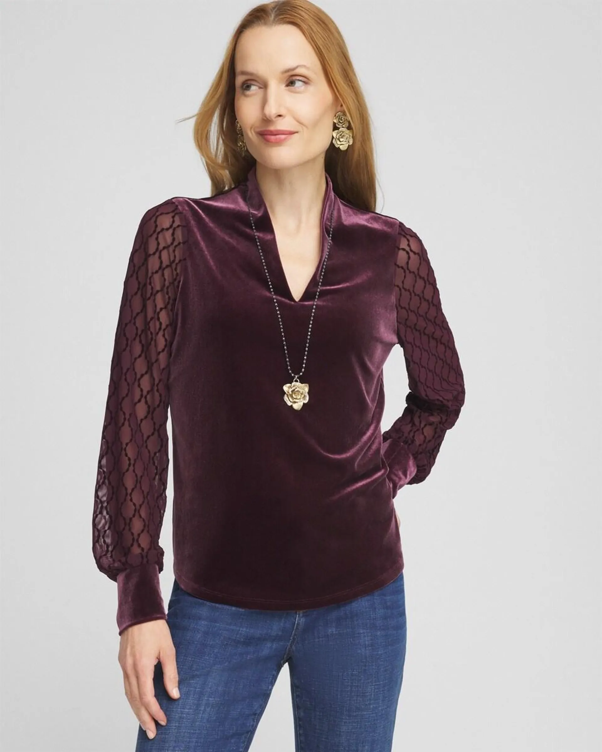 Velvet V-neck Long Sleeve Top