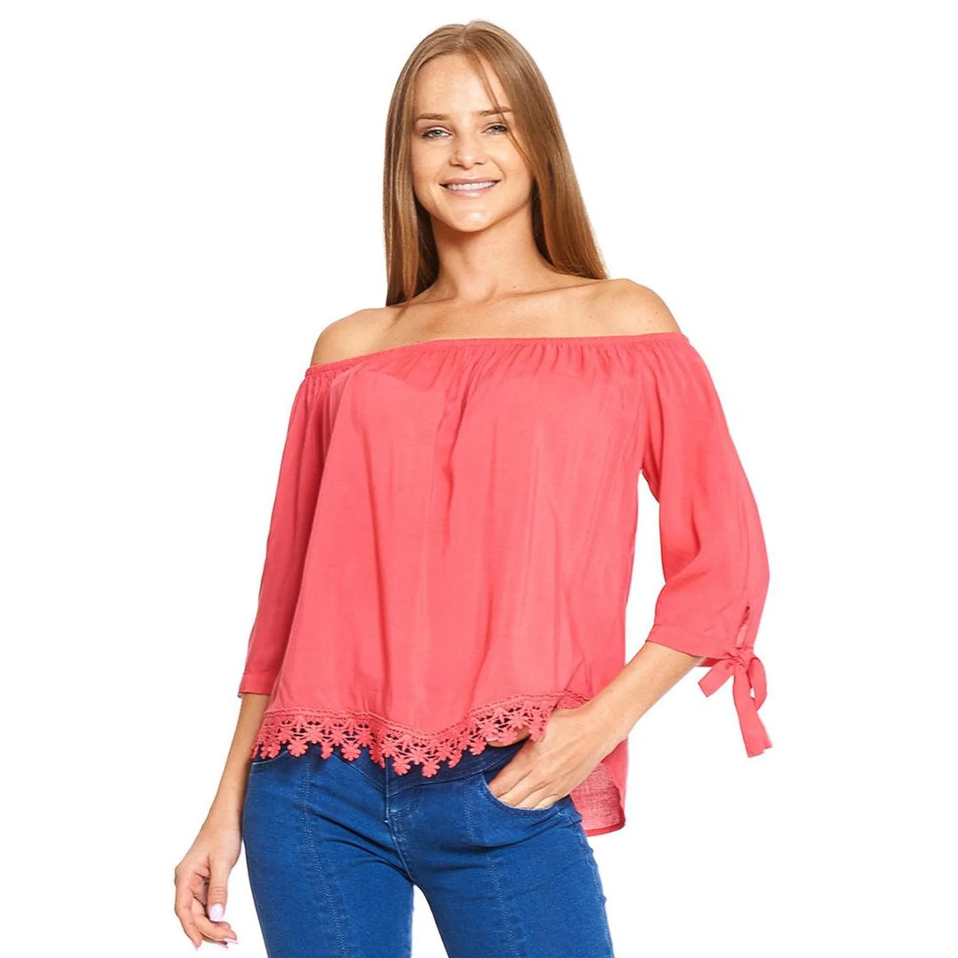 Blusa Mujer Hombros Caídos Holgada Con Flores Coral Casual