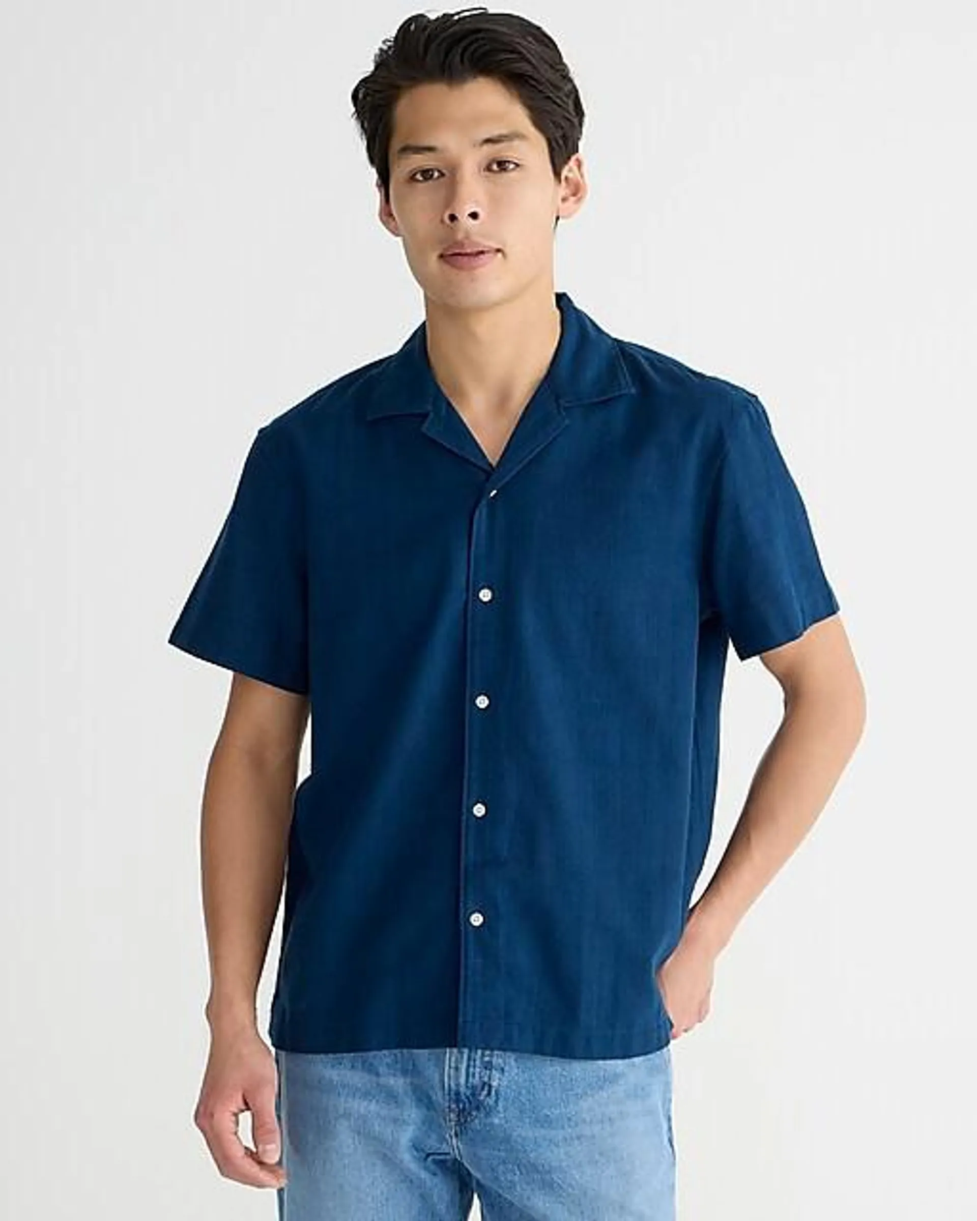 Short-sleeve textured cotton camp-collar shirt