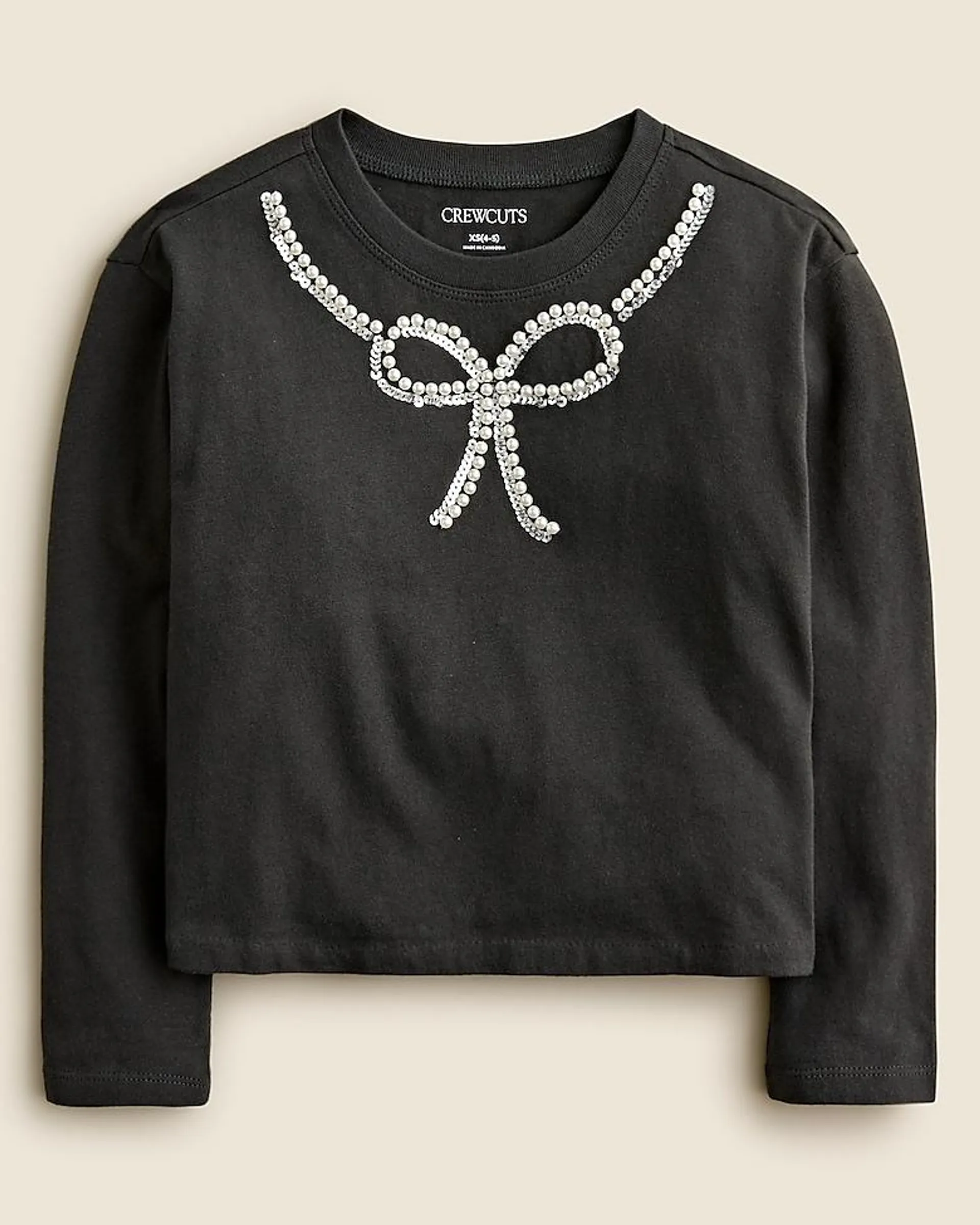 Girls' long-sleeve embellished bow T-shirt with pearls