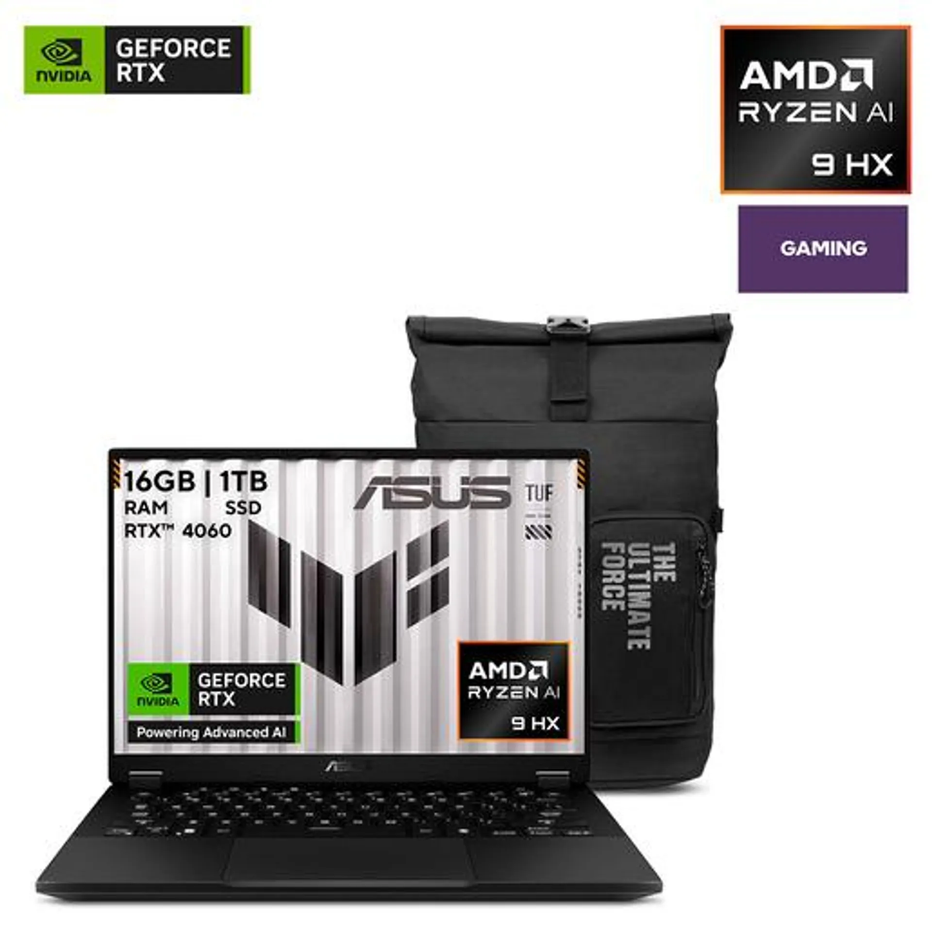 Laptop Gamer Asus TUF A14 14 pulg. AMD Ryzen AI 9 HX Nvidia Geforce RTX 4060 1tb SSD 16 gb RAM más Mochila Negro