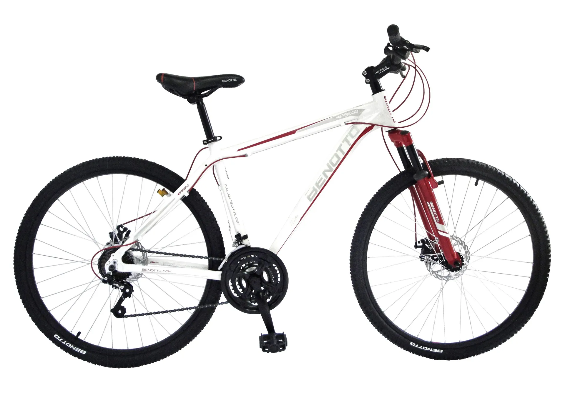 Bicicleta BENOTTO Montaña FS-600 R27.5 21V. FS Sunrace M30 Frenos Doble Disco Mecanico Aluminio Blanco/Rojo Talla:SM