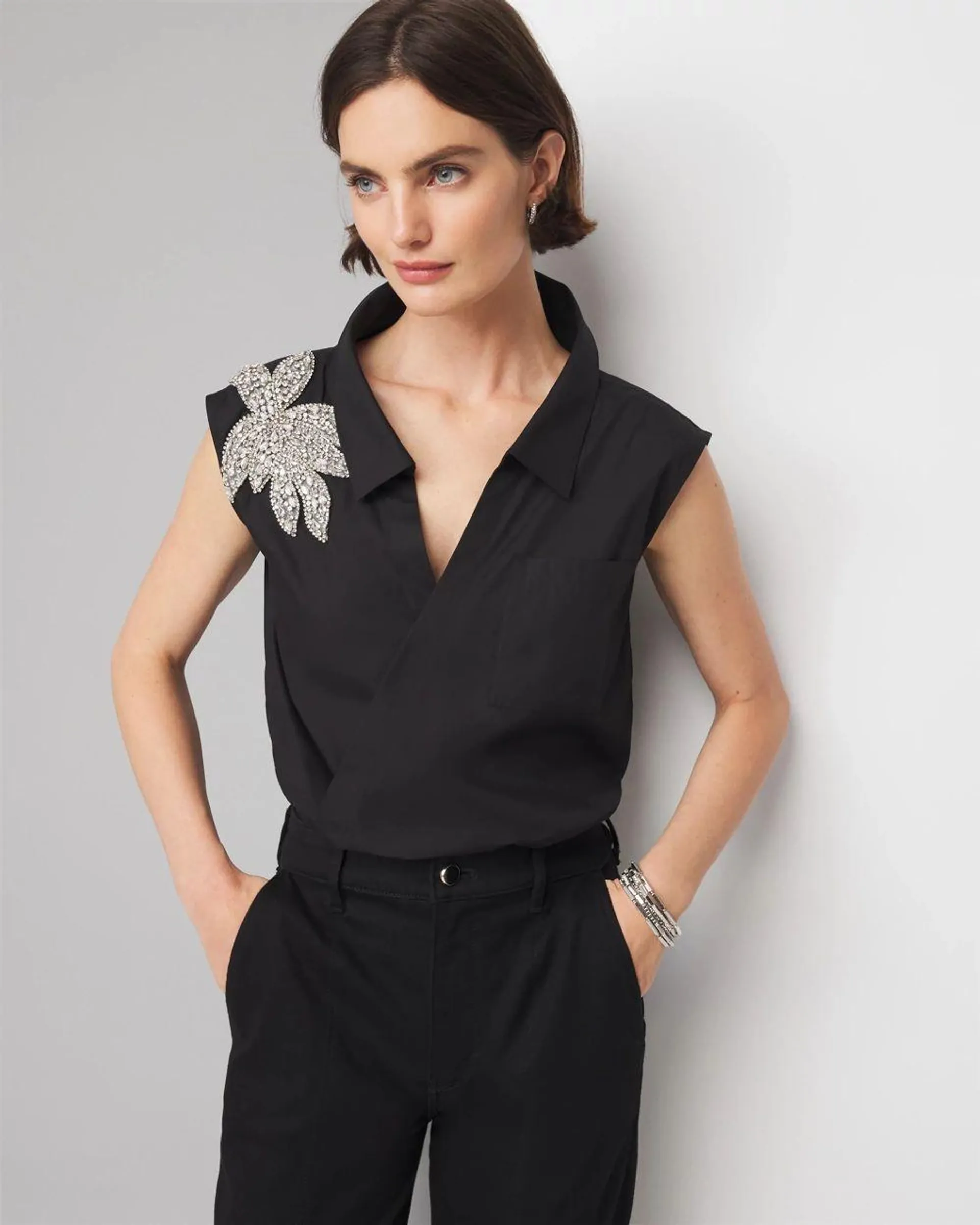 Embellished Poplin Surplice Shirt