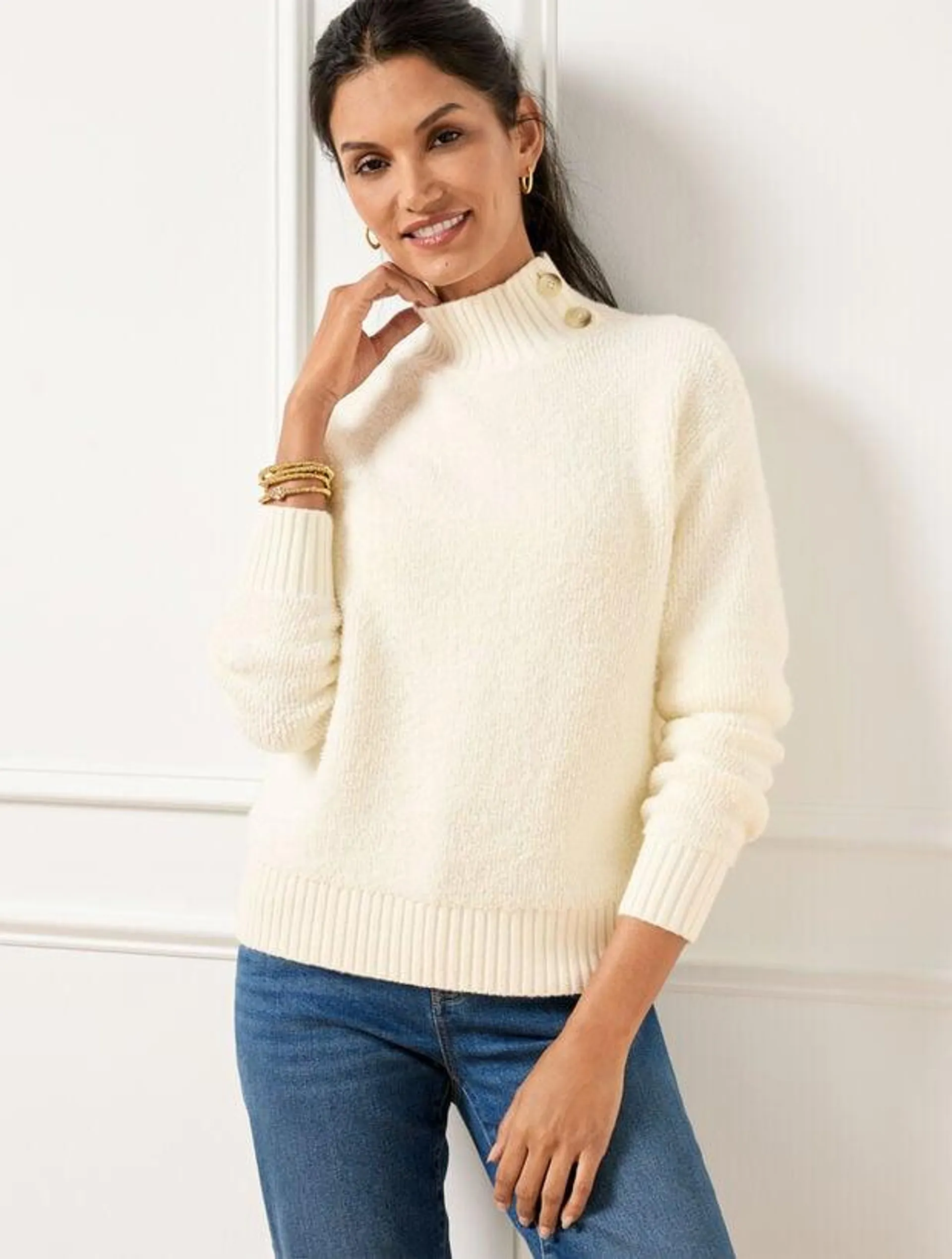 Loop Stitch Button Mockneck Sweater