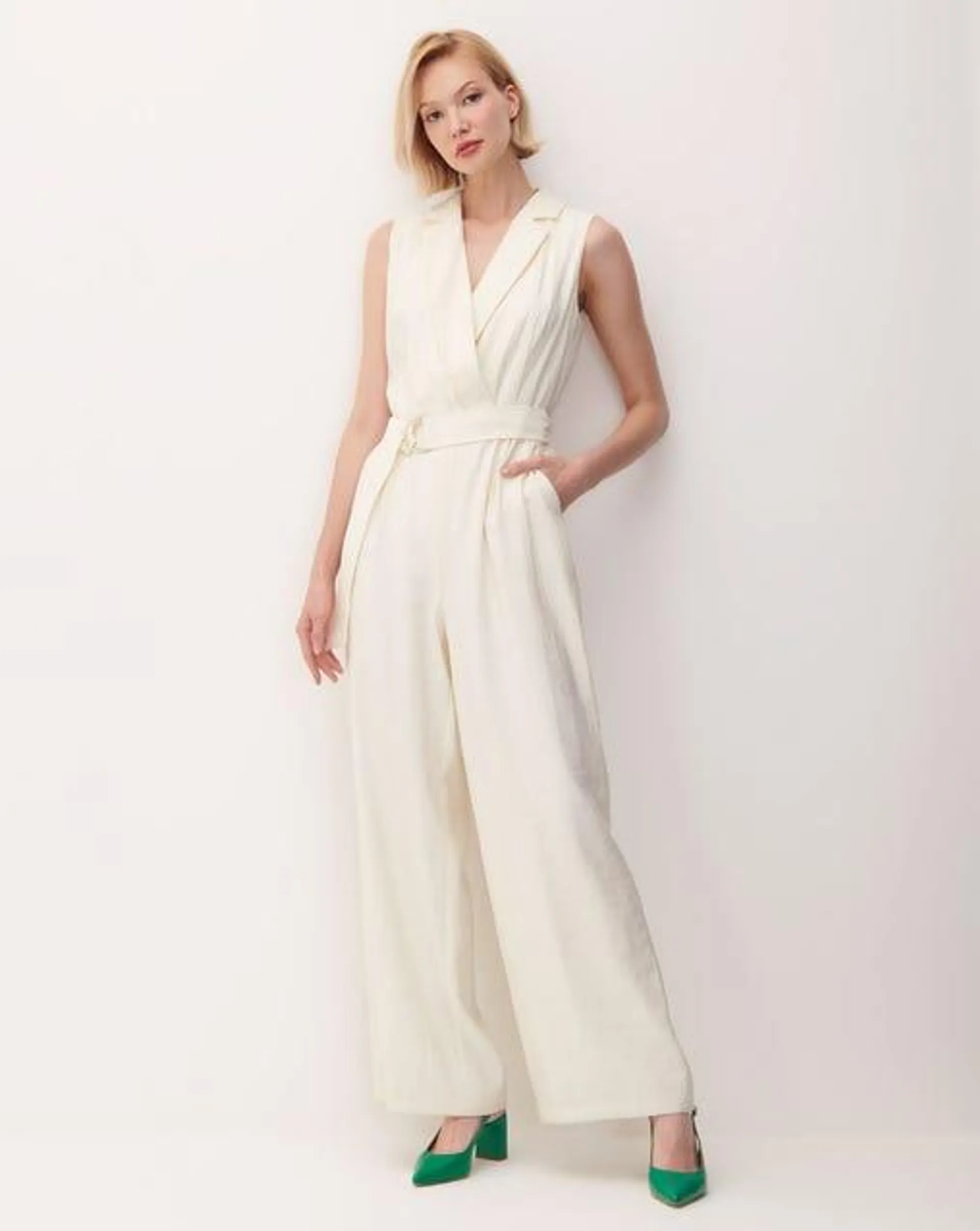 Jumpsuit Crema Cruzado Efecto Corrugado