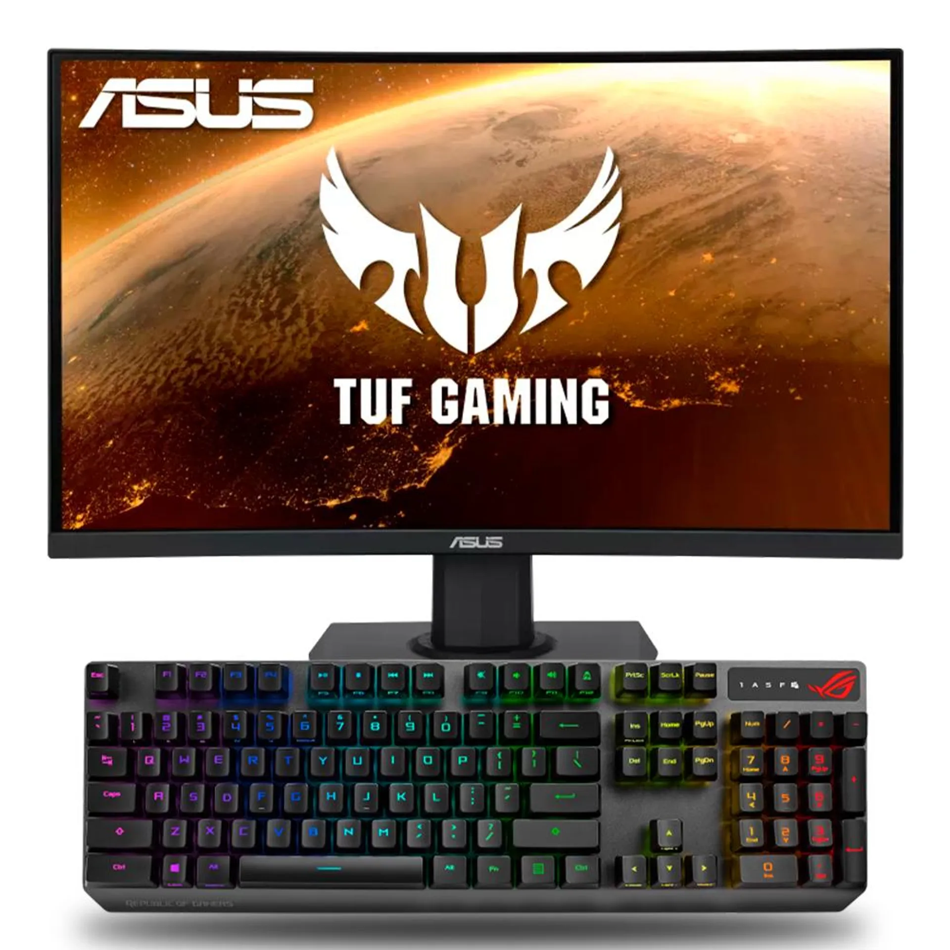 Bundle ASUS / Monitor Asus TUF 24 VG24VQE 165Hz Curvo / FULL HD (1080p) / Freesync 1ms + Teclado Gamer Mecanico ASUS ROG STRIX SCOPE / Switch RX BLUE / Aura Sync RGB / Ingles /