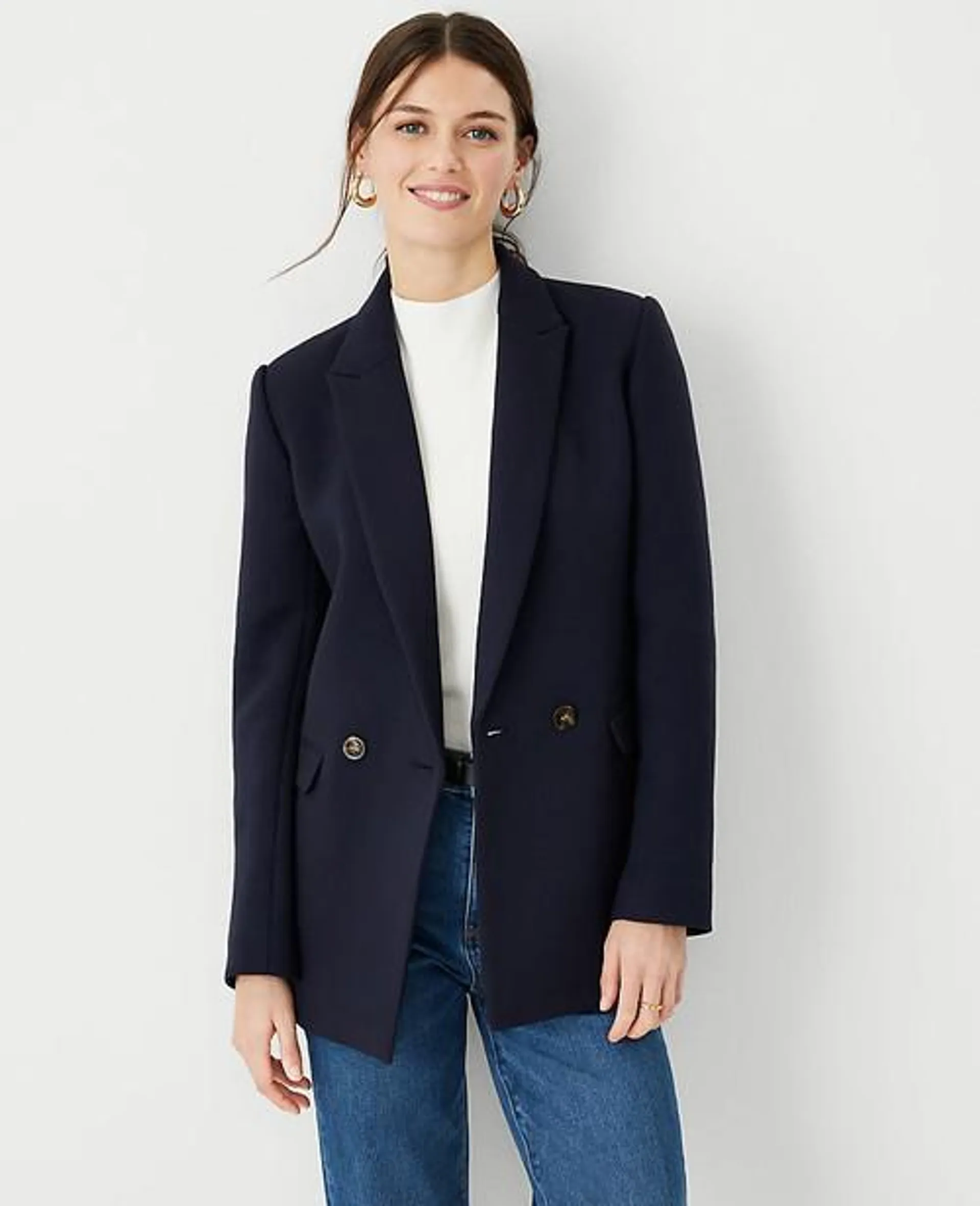 Blazers Ann Taylor The Relaxed Double Breasted Long in Twill Azules | 498637-ZRS