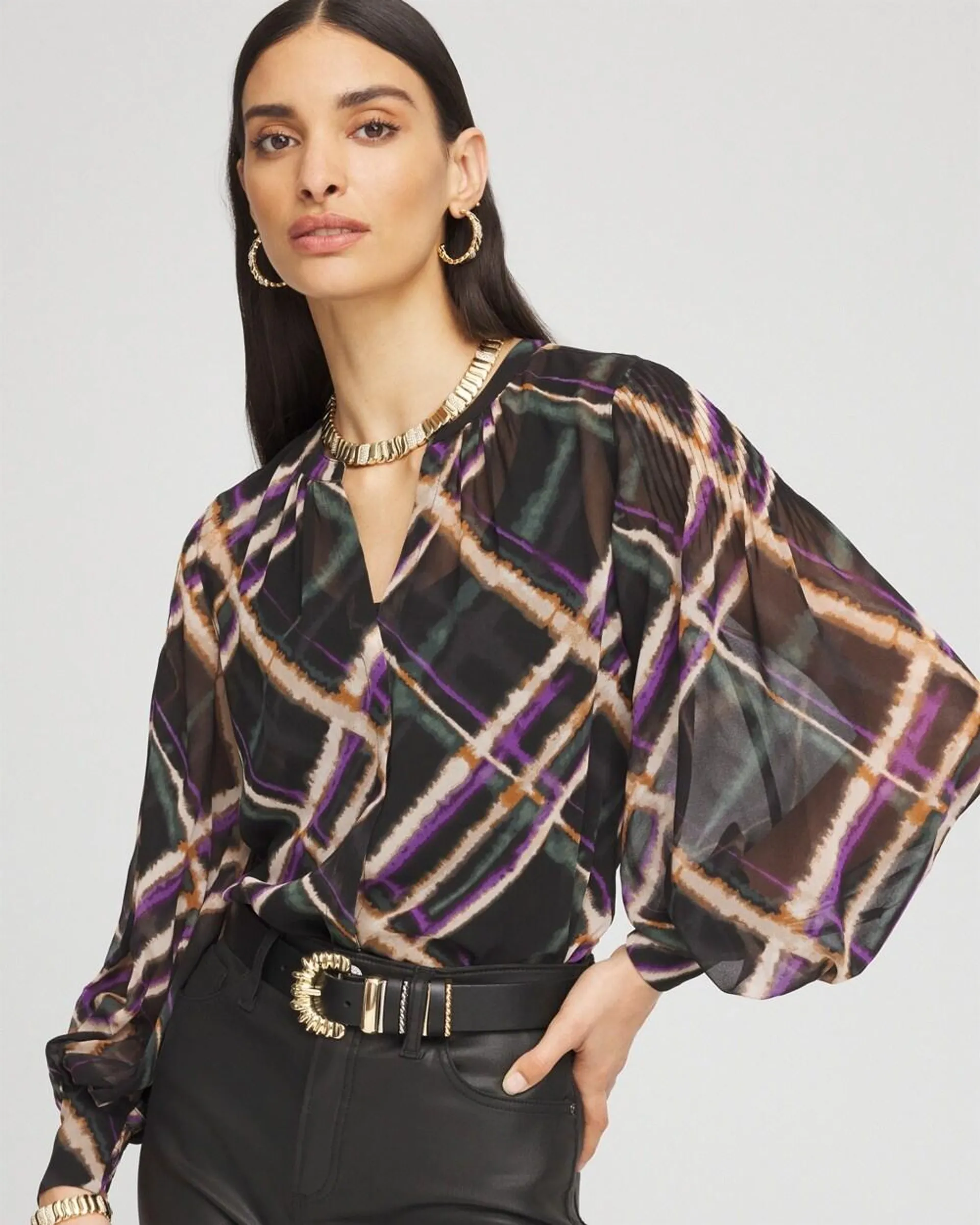 Plaid Pintuck Sleeve Blouse