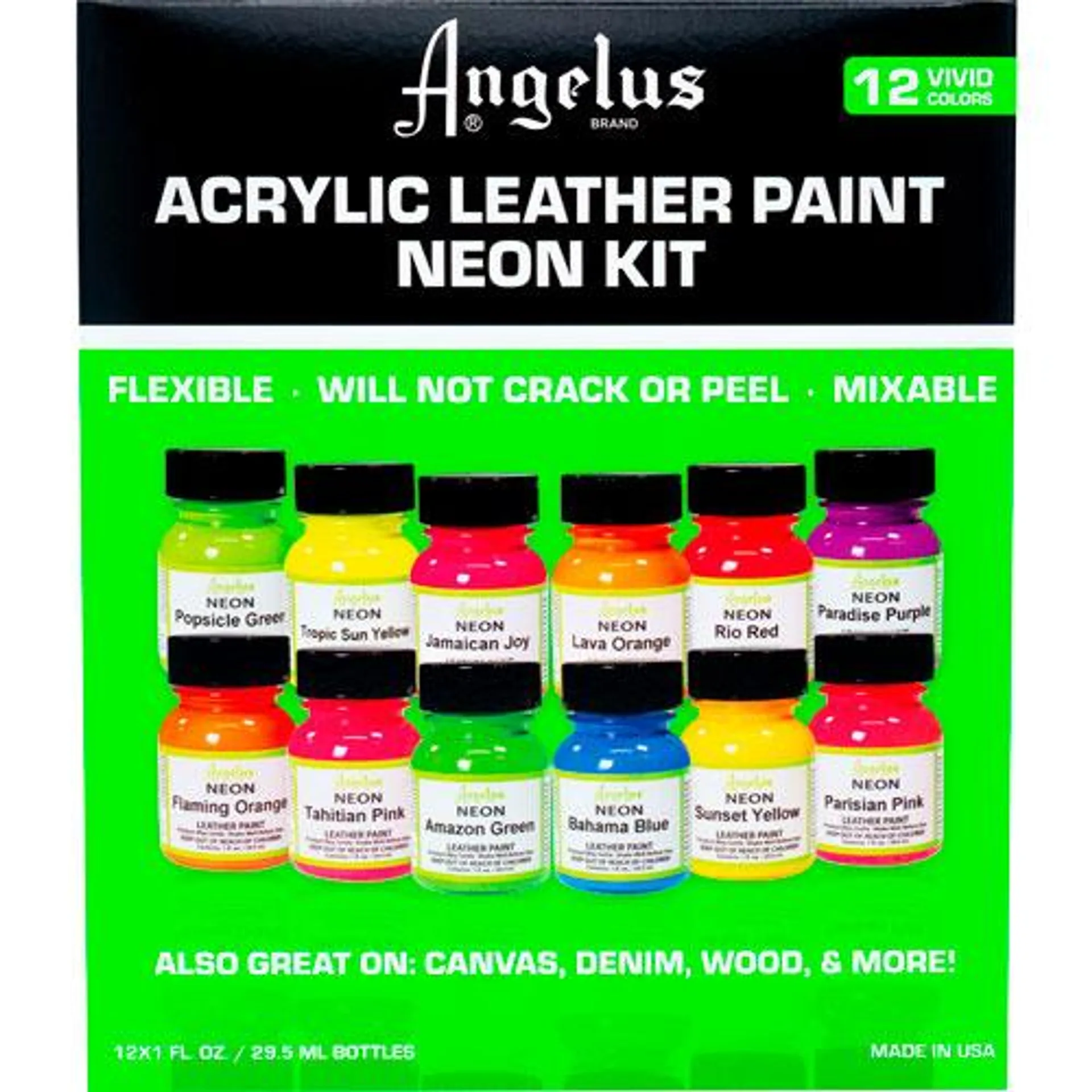 Set 12 Pinturas Neon Acrílicas para cuero Angelus