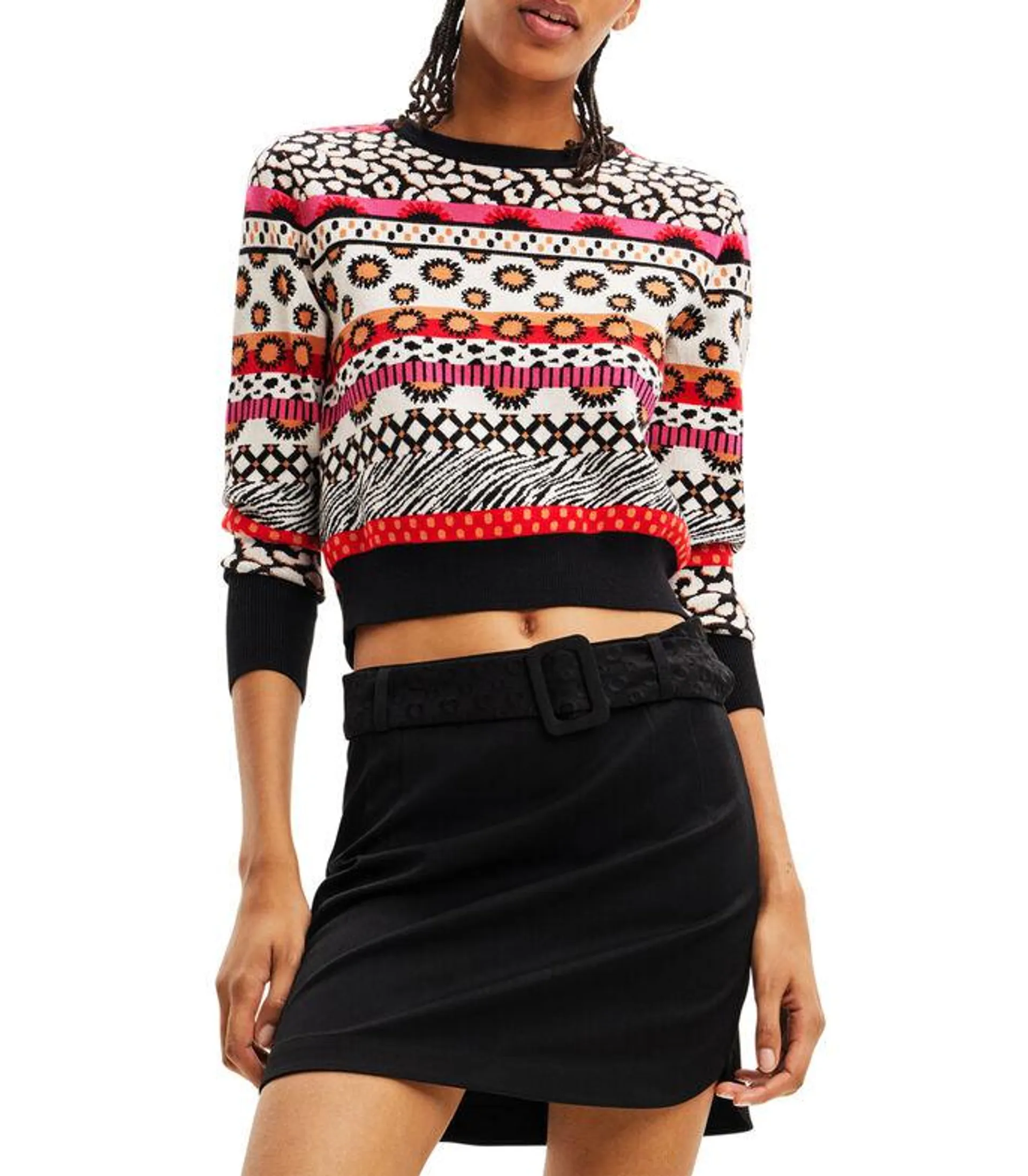 Jersey Cuello Redondo Estampado de Cenefas Multicolor Mujer