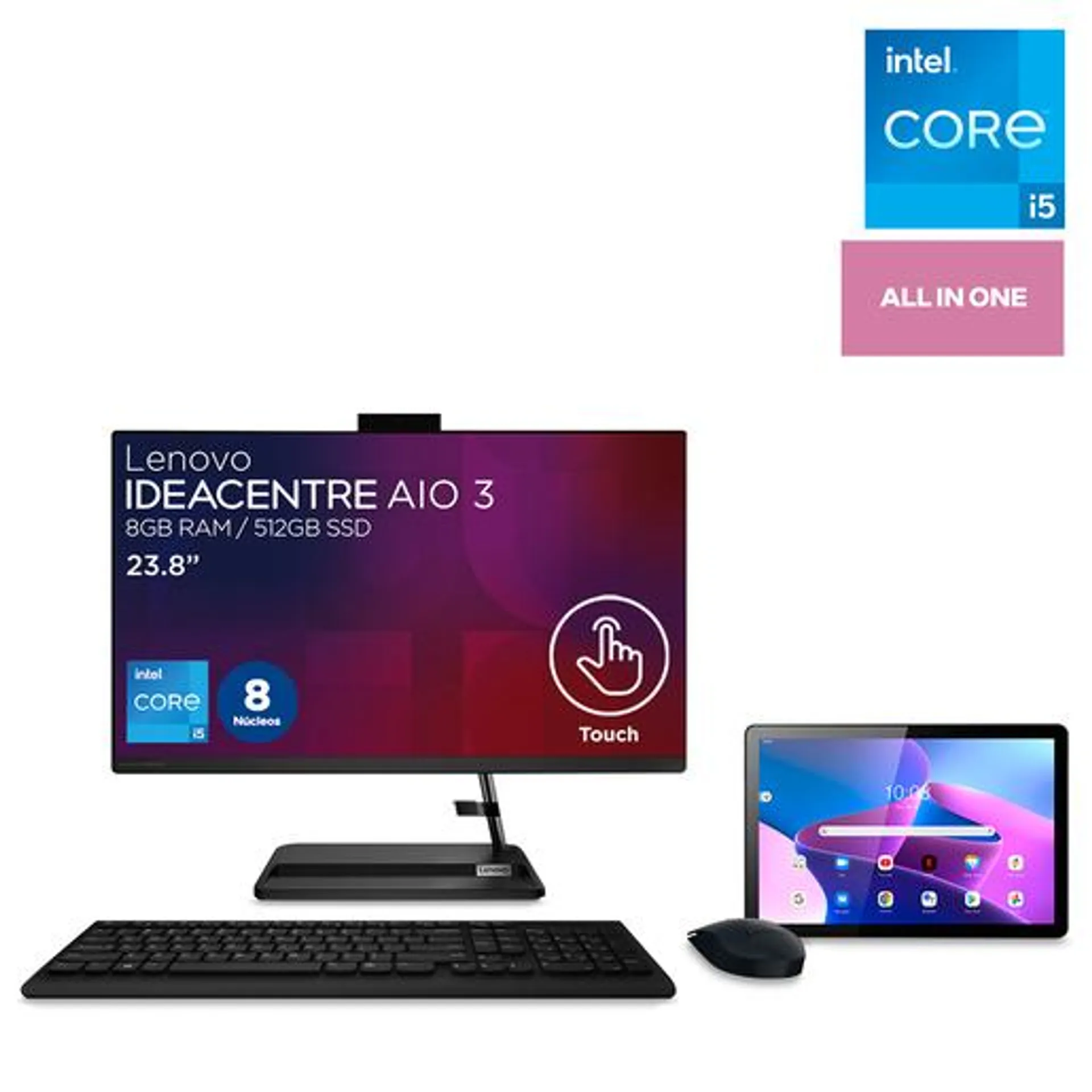 Bundle Computadora All in One Lenovo IdeaCentre 3 Intel Core i5 23.8 pulg. 512gb SSD 8gb RAM más Tablet