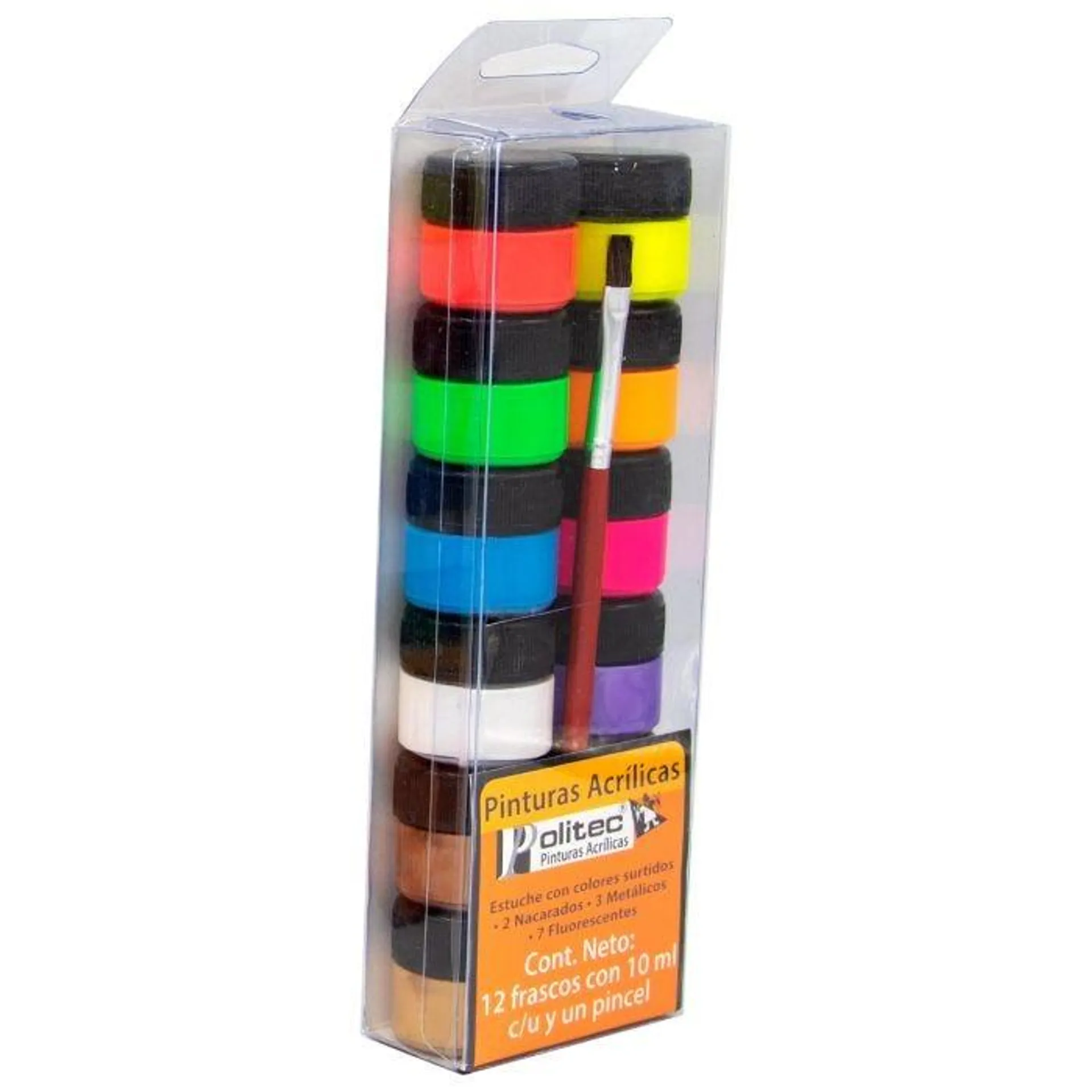 Pintura Acrílica Politec 10 ml. Bl/12, Fluorescentes, Metálicos y Nacarados