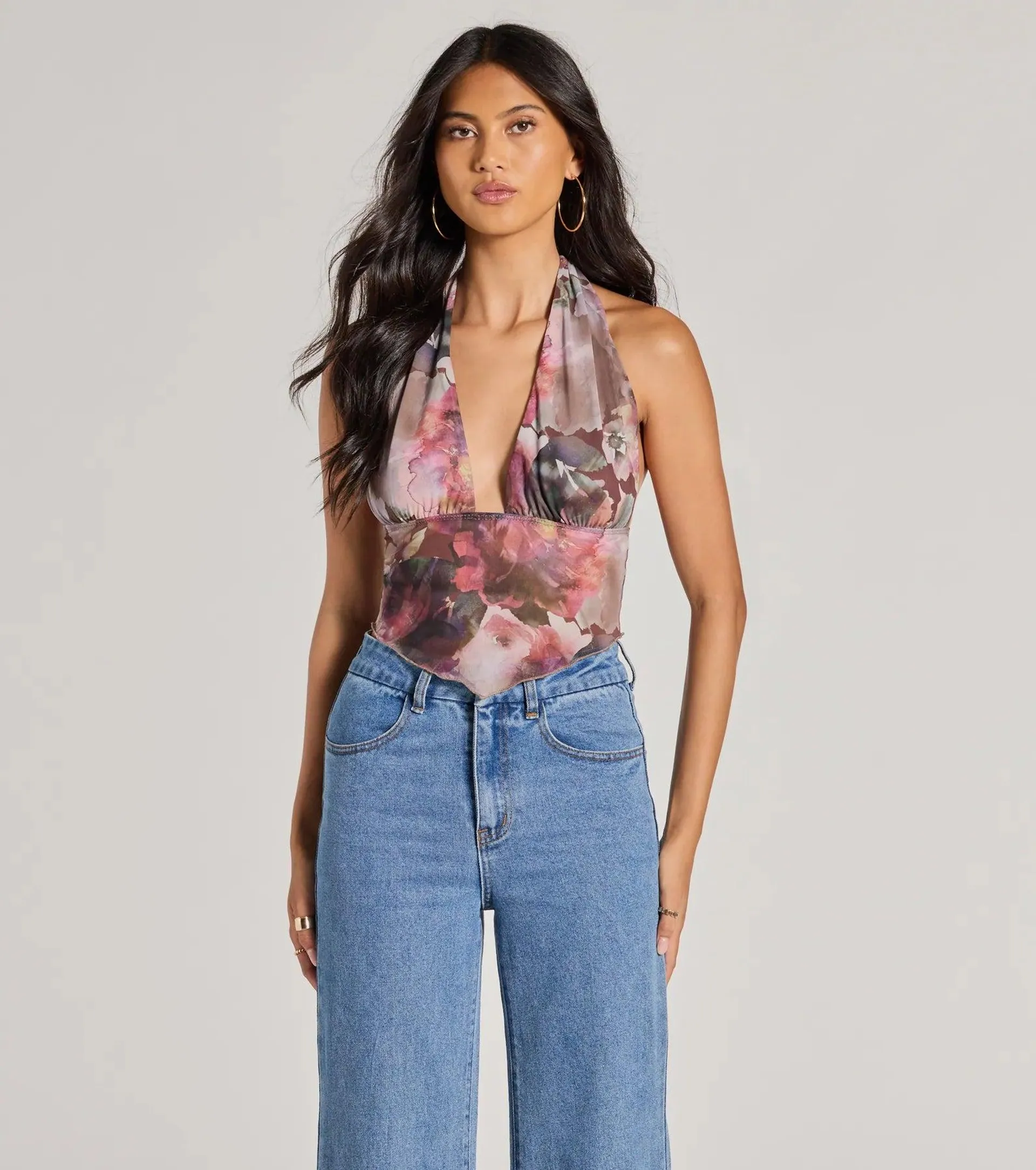 Sultry Impact Halter Abstract Floral Crop Top