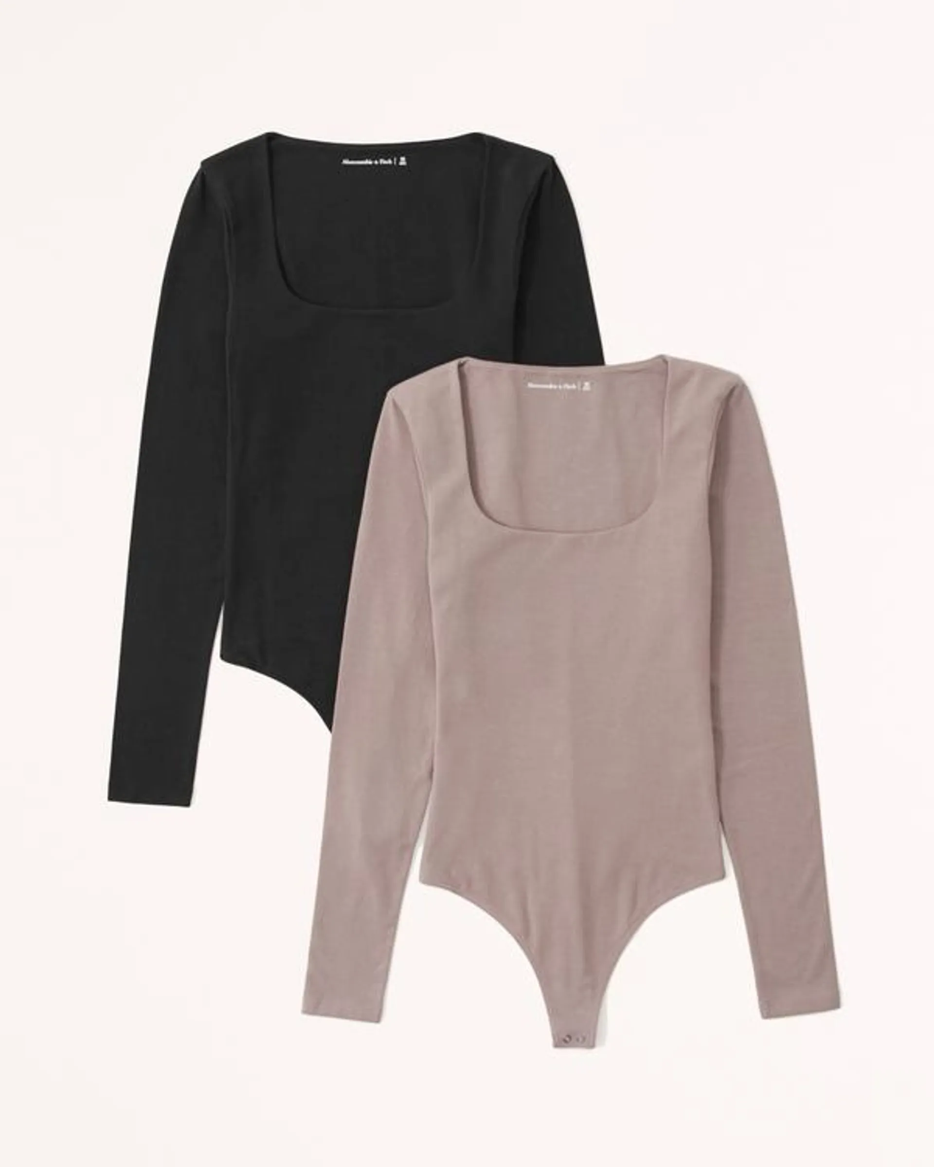 2-Pack Long-Sleeve Cotton-Blend Seamless Fabric Squareneck Bodysuits