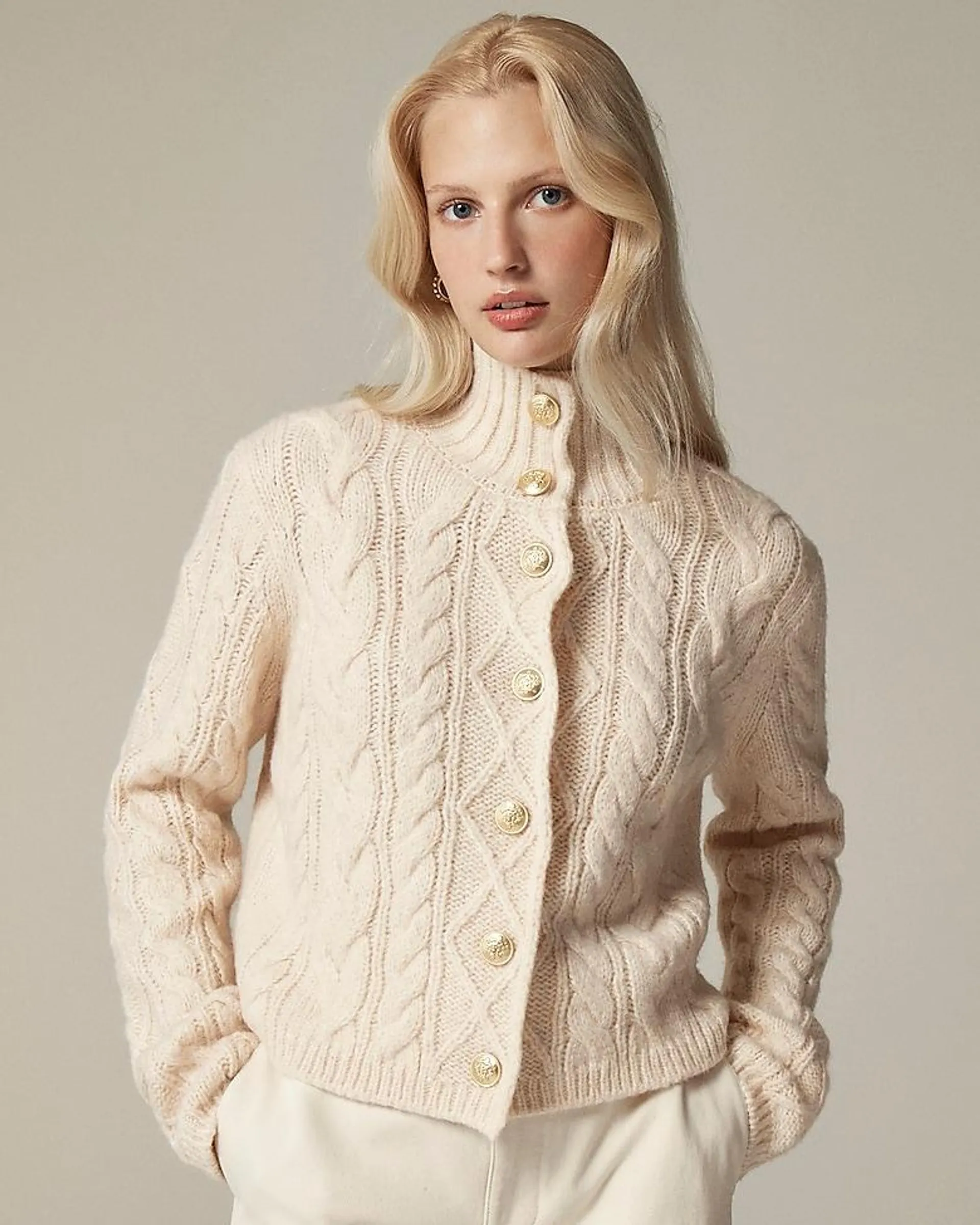 Cable-knit turtleneck cardigan sweater