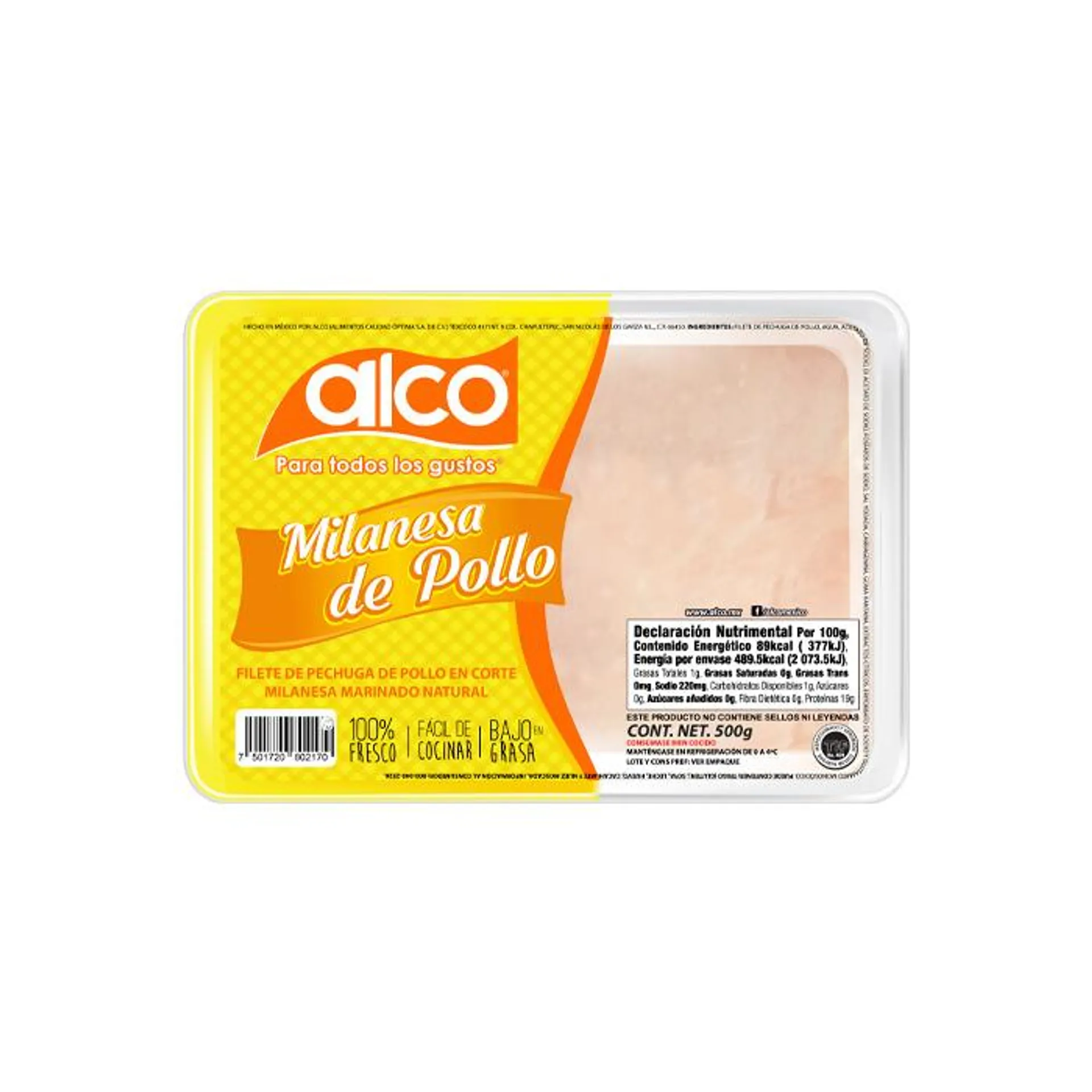 MILANESA DE POLLO NATURAL ALCO PZ 500 g