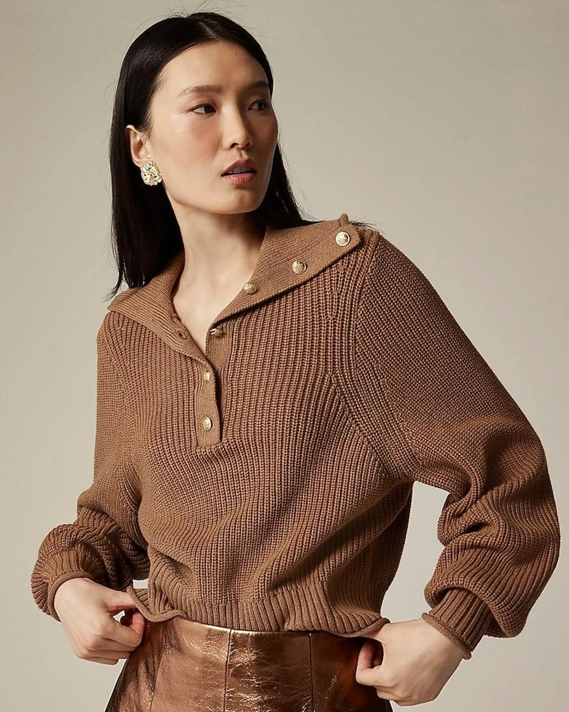 Ribbed cotton turtleneck sweater with buttons