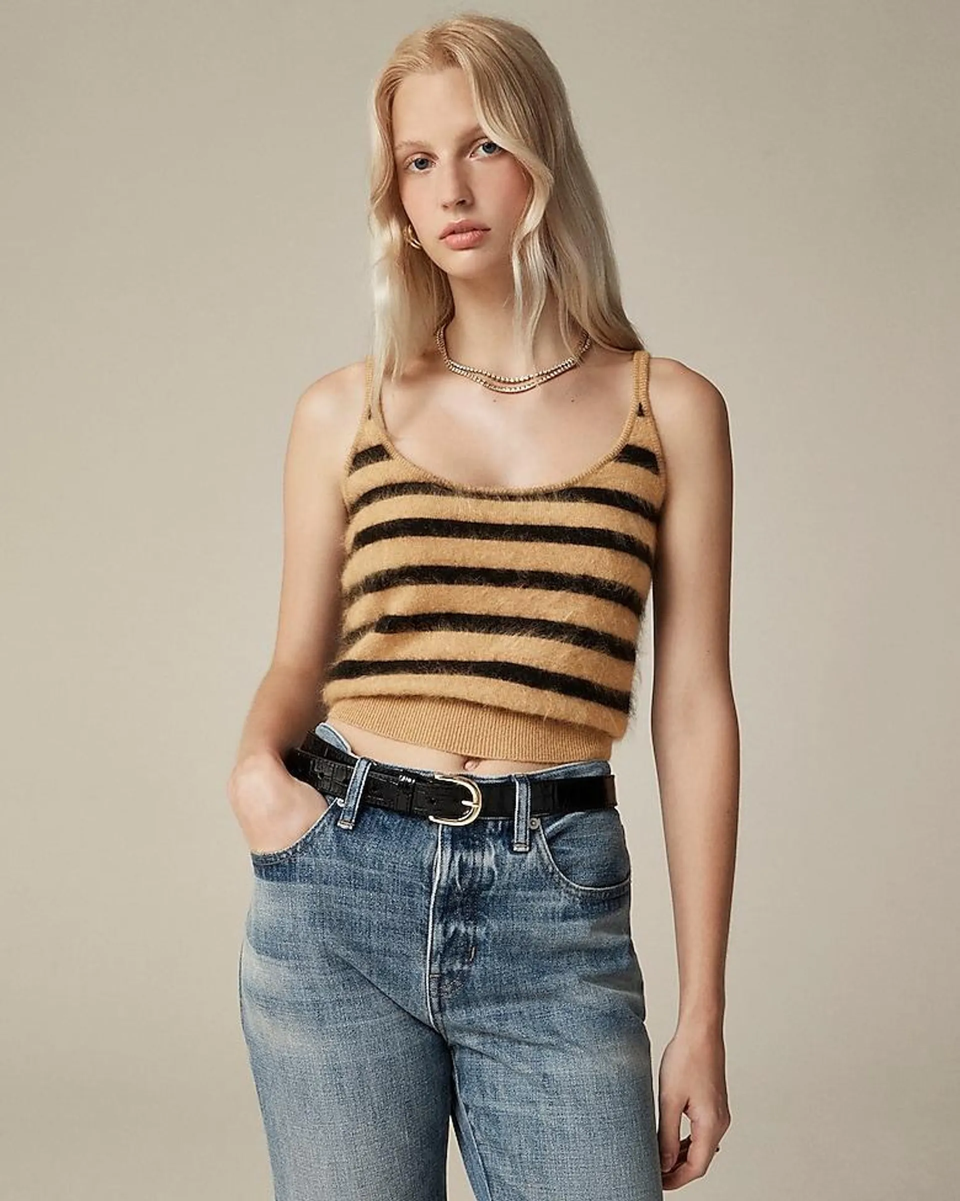 Brushed cashmere cropped camisole sweater in stripe