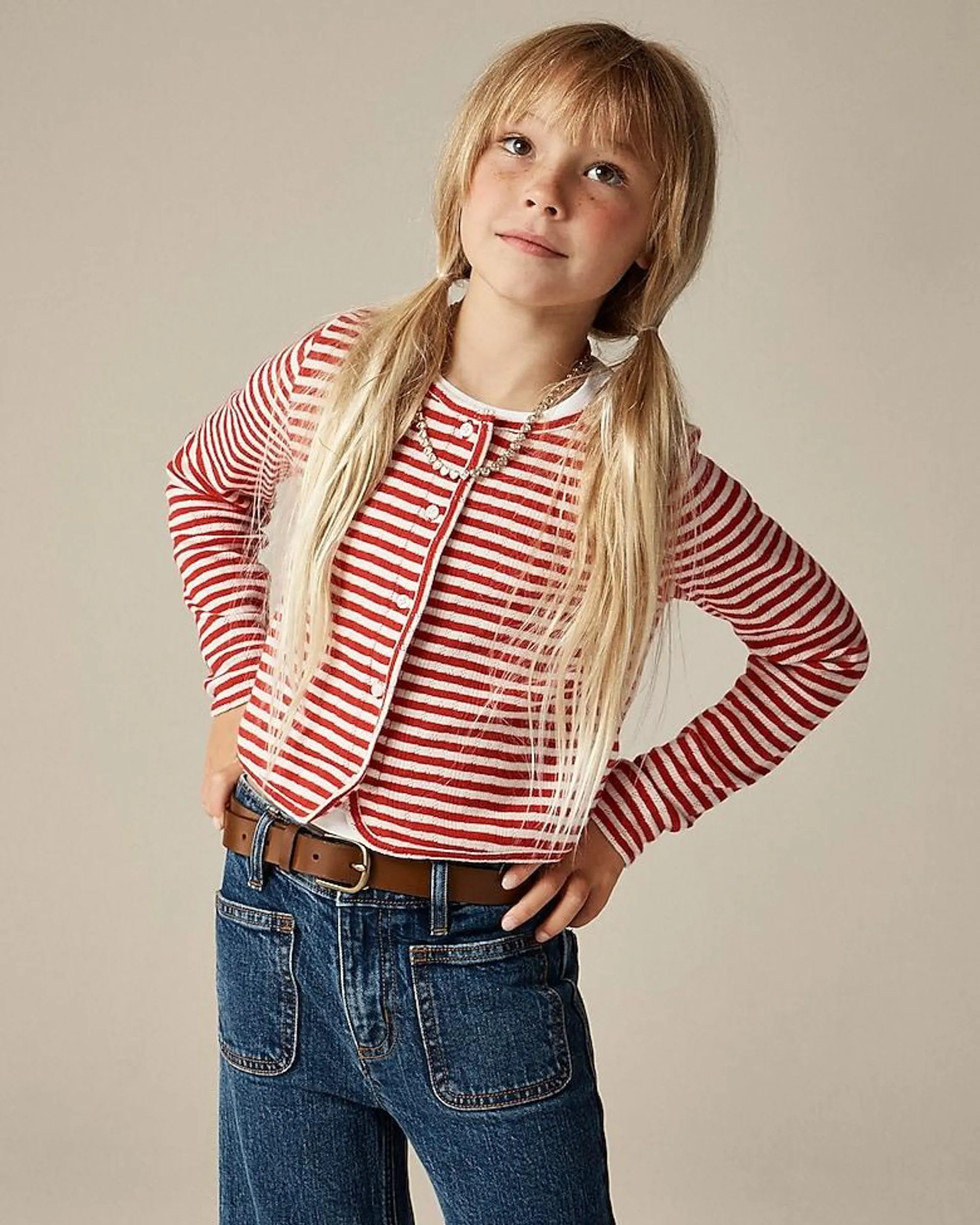 Girls' pointelle cardigan sweater in stripe