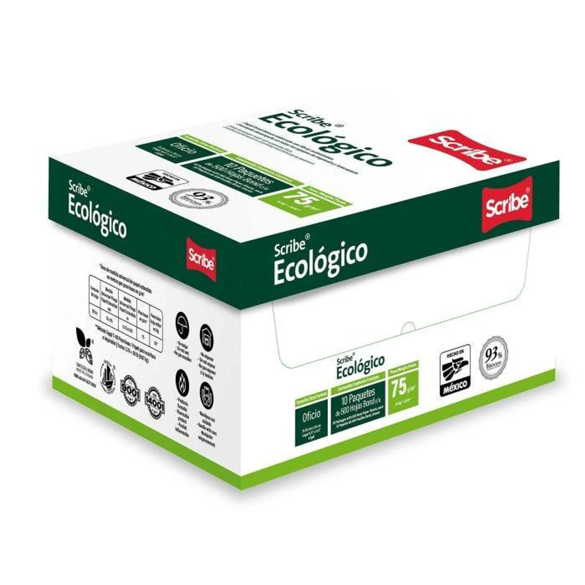 Bond Blanco Scribe Ecologico 21.5 X 34 Oficio C/500 75 Gms. Bco.93%