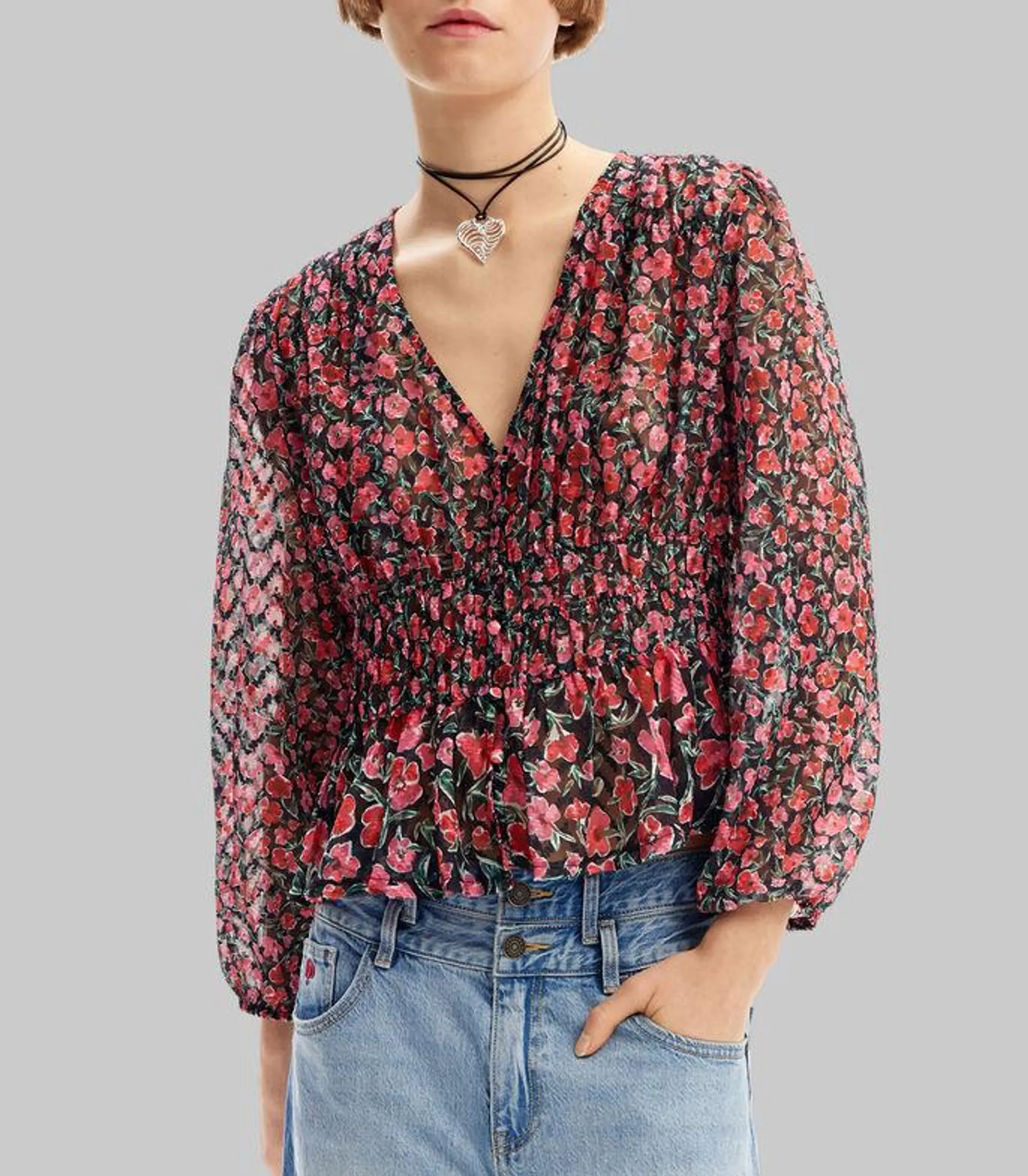 Blusa con flores de manga larga Mujer