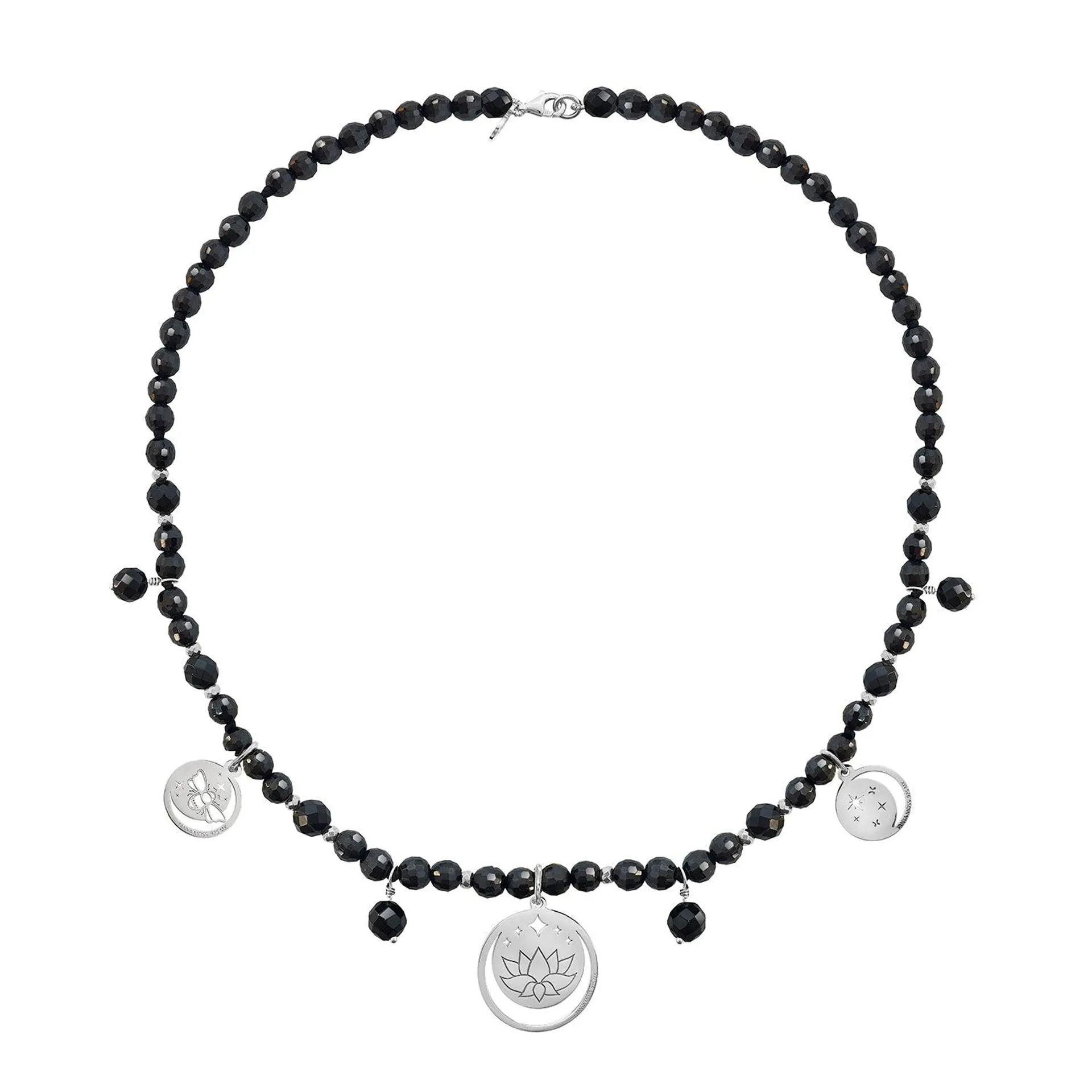 Collar Mujer Plata 925 Magia 3 Charms Lunas Agata Negra