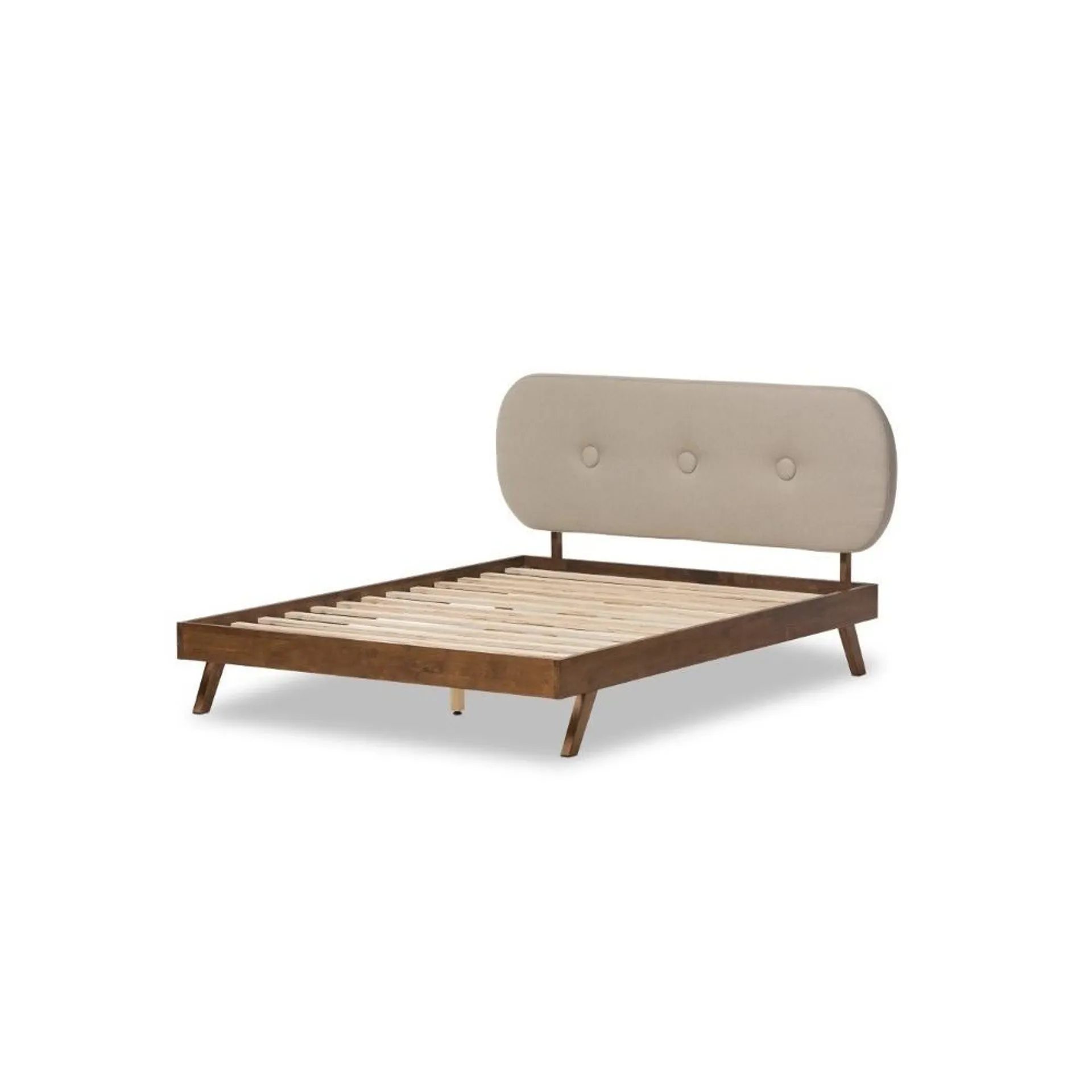 Akira - Cama king estilo escandinavo madera tono nogal y cabecera tela beige