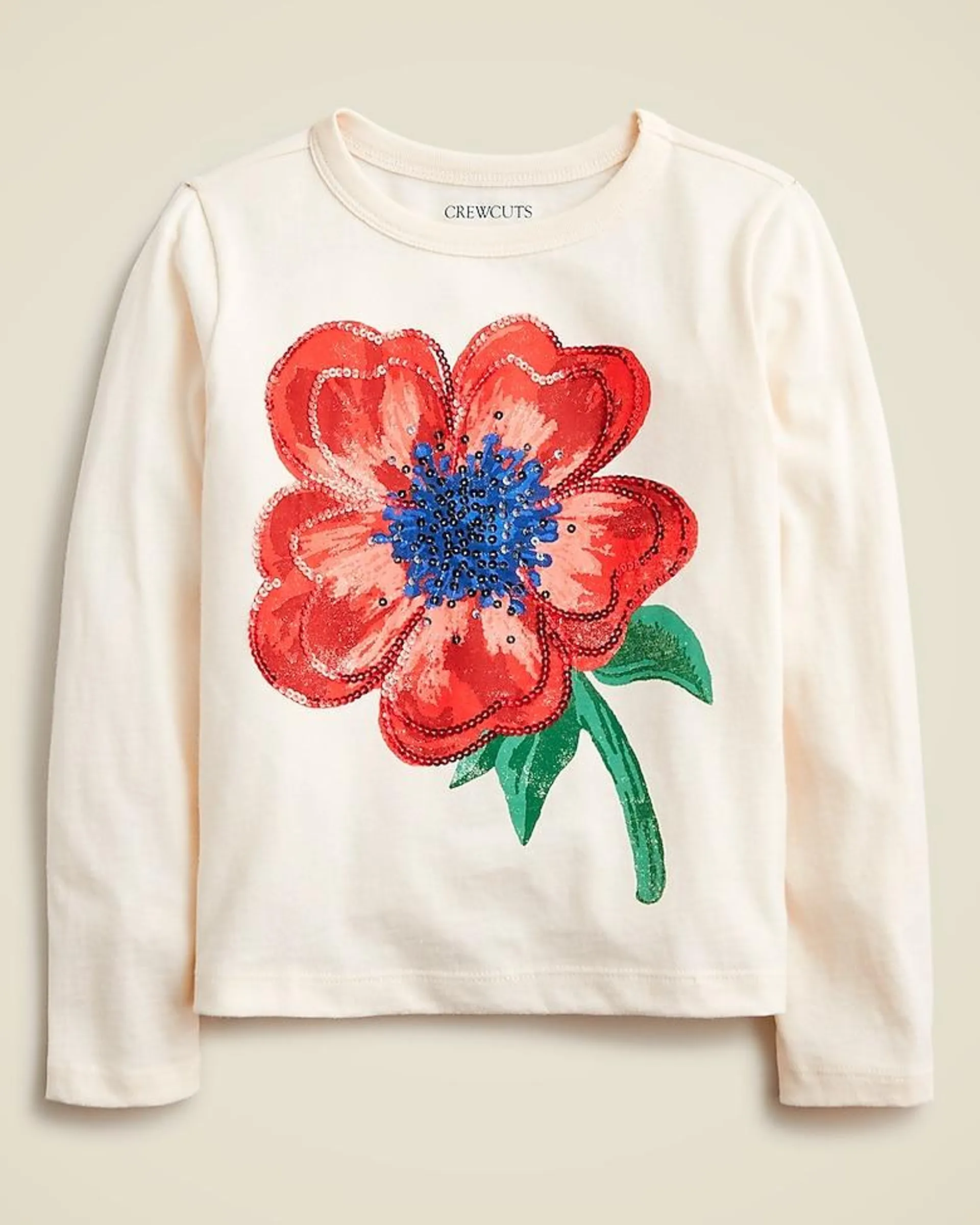 Girls' long-sleeve poppy graphic T-shirt with sequins