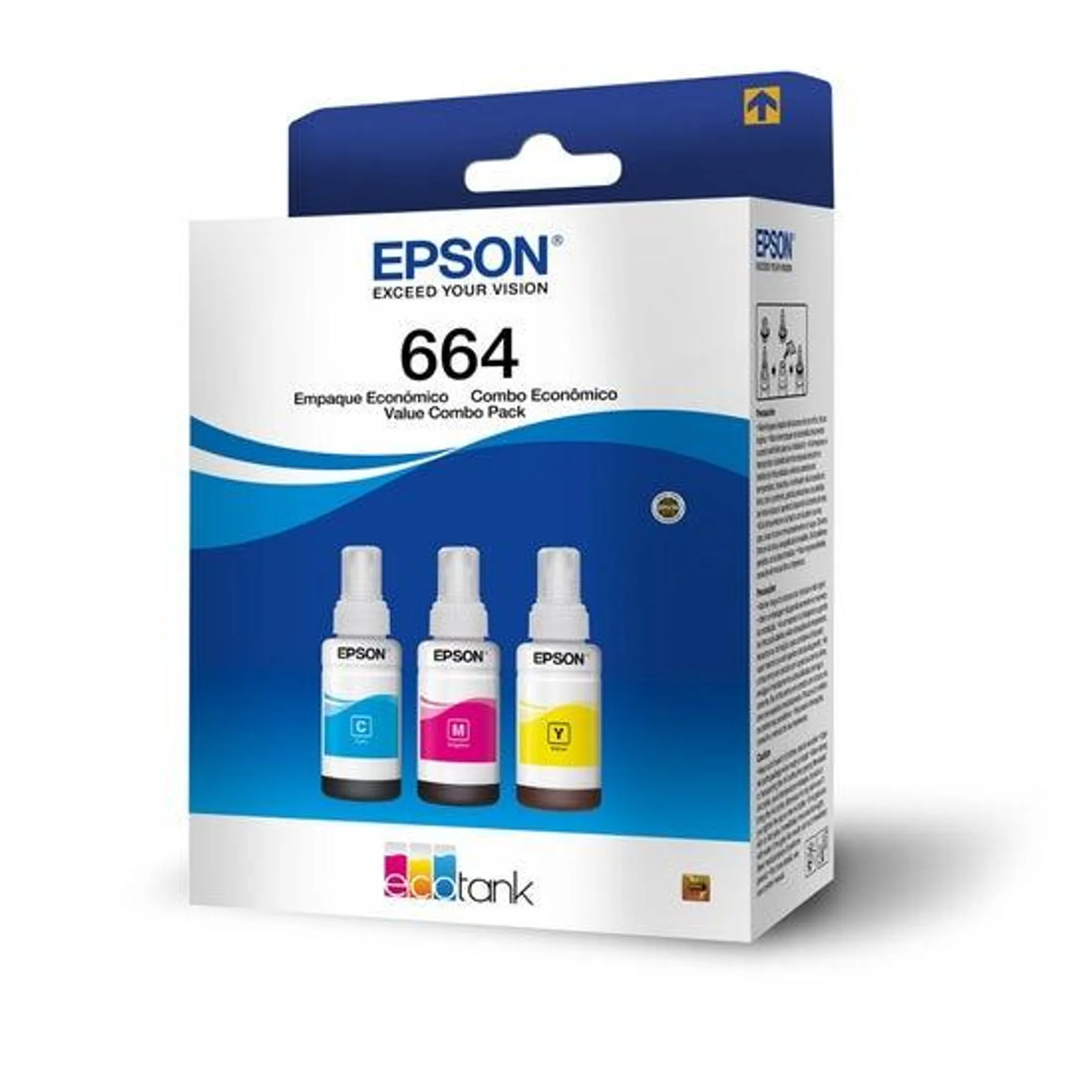 Botellas de Tinta Epson Ecofit Color Cian Magenta y Amarillo T664 3 Unidades