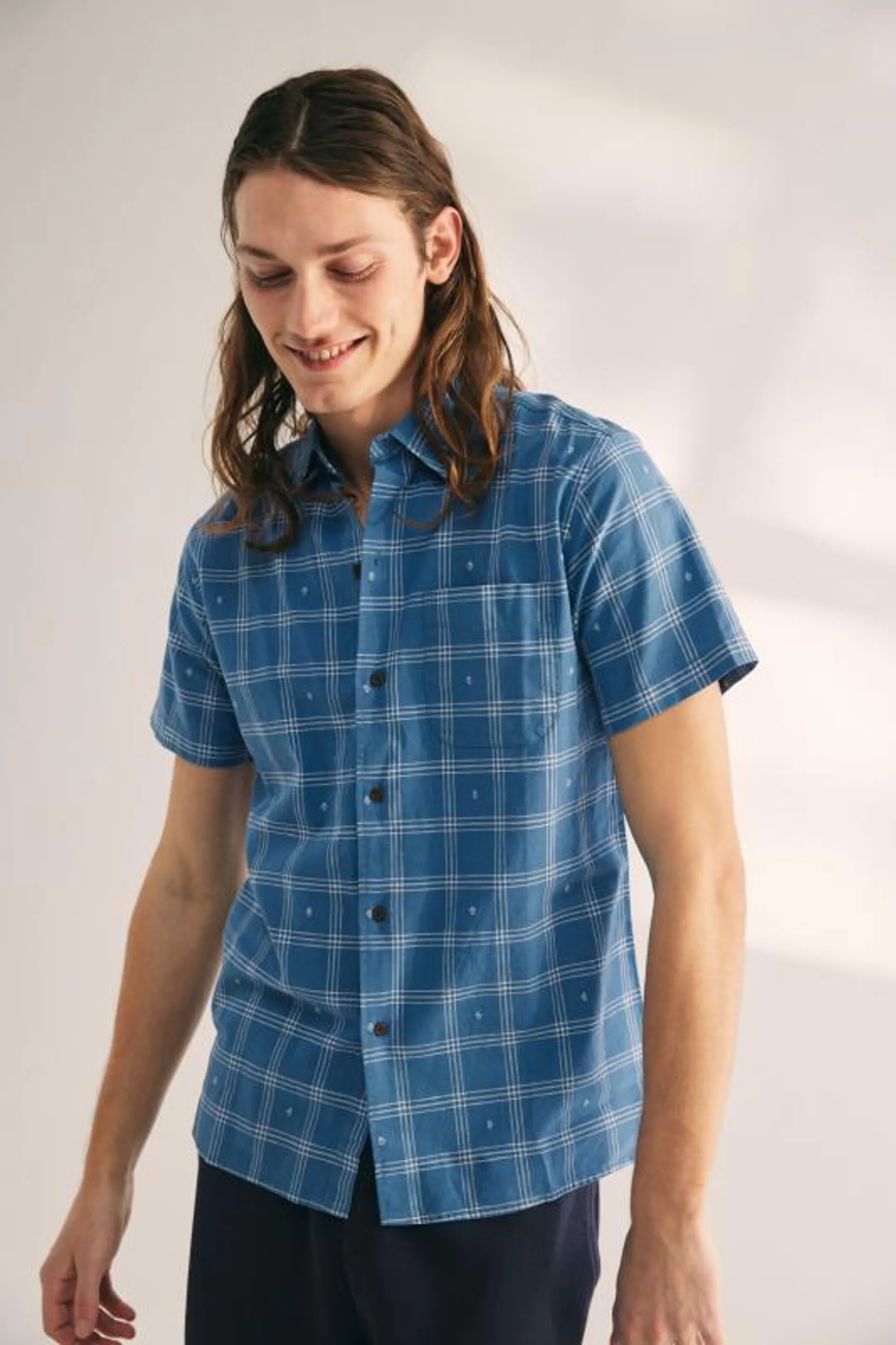 Katin Cruz Embroidered Plaid Short Sleeve Button-Down Shirt