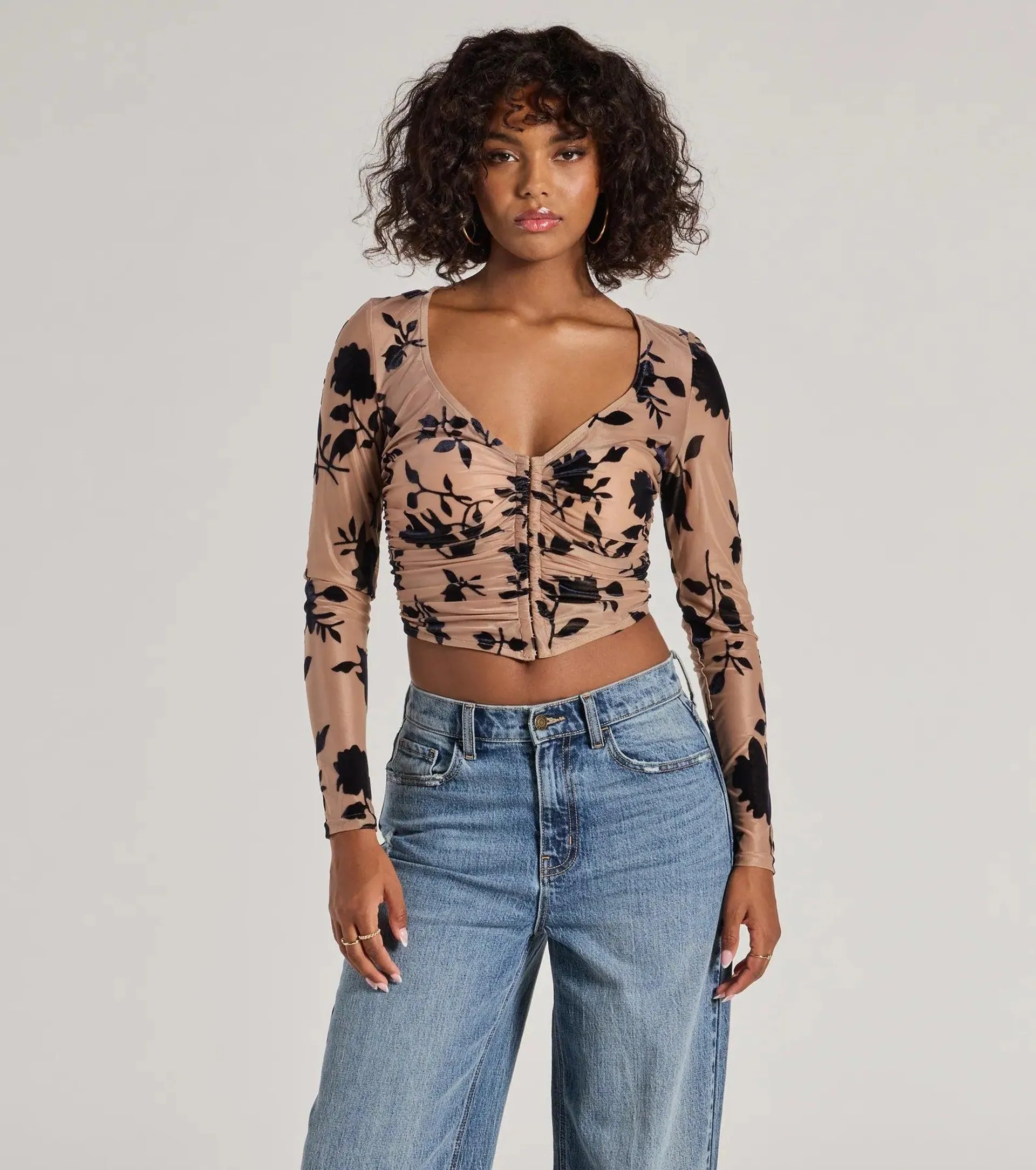 Charming Flocked Floral Mesh Long Sleeve Corset Top