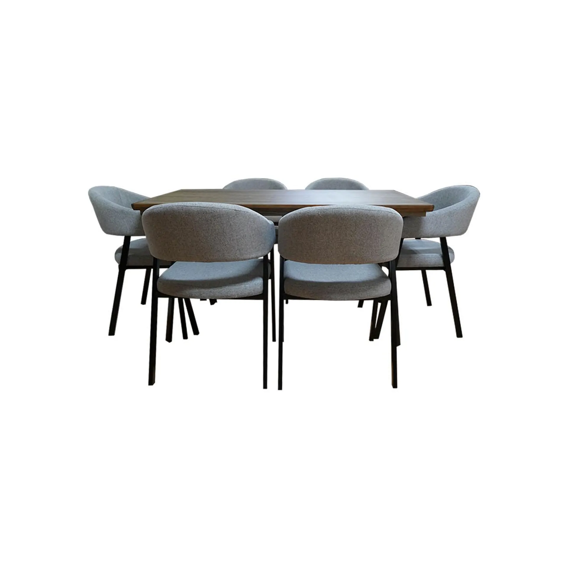 COMEDOR RECTANGULAR DE 6 SILLAS CON CUBIERTA AVEGENTADA, TAPIZ GRIS LENY GREY Y PATA NEGRO