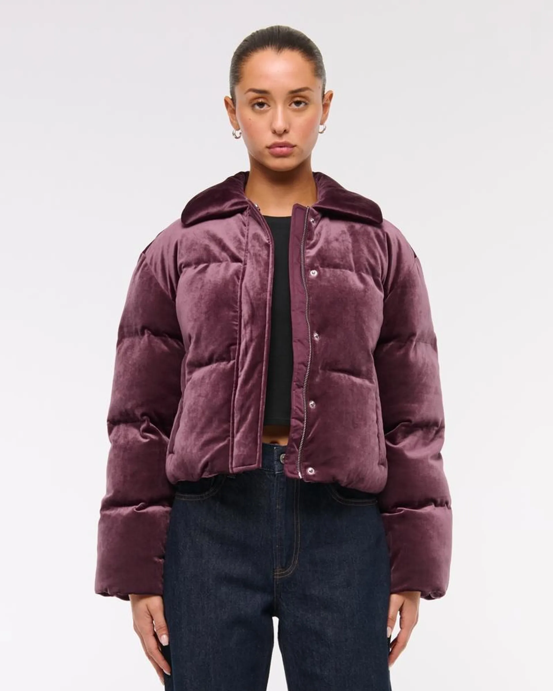 Cropped Velvet Puffer Coat