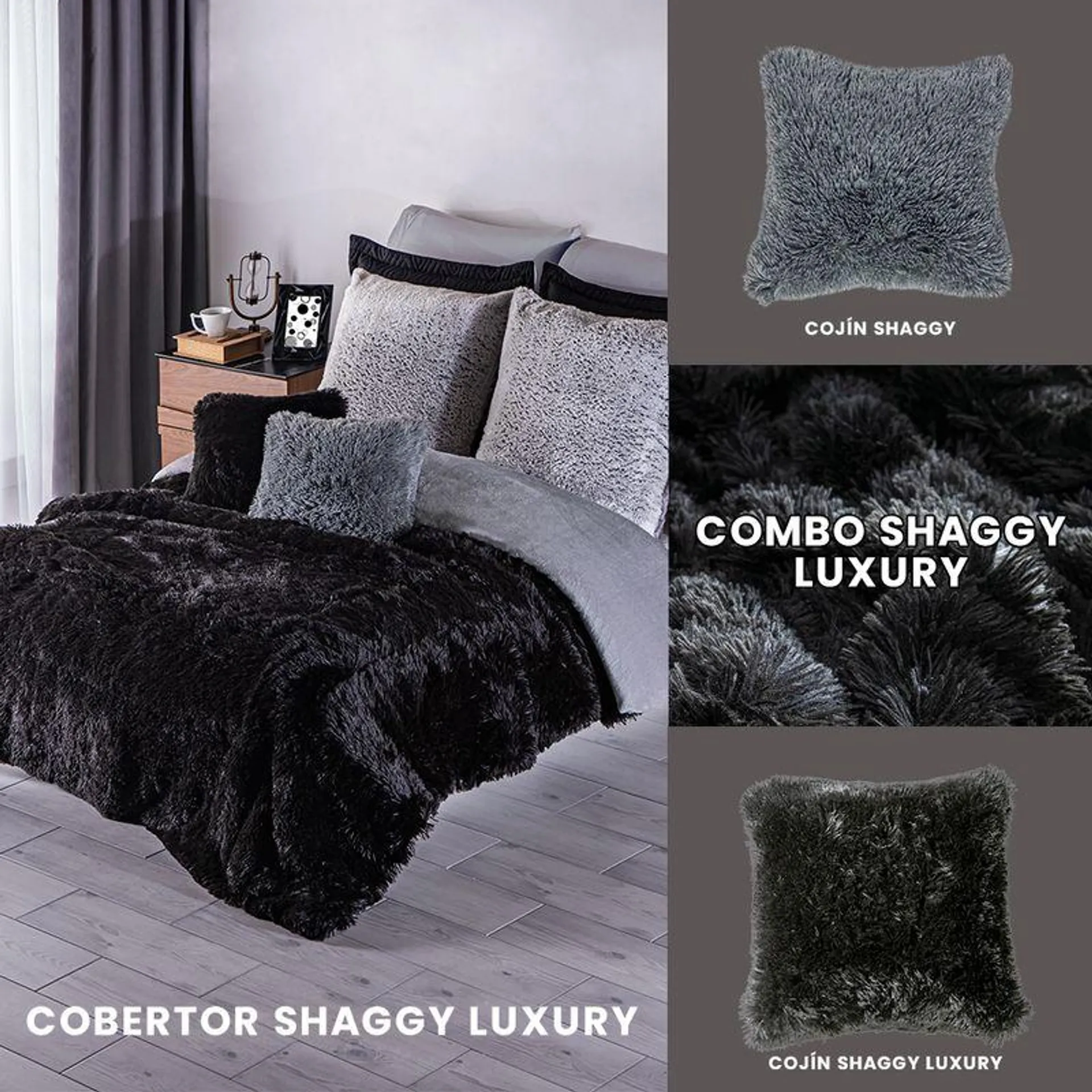 Cobertor Matrimonial pelo alto Shaggy Luxury con dos cojines decorativos