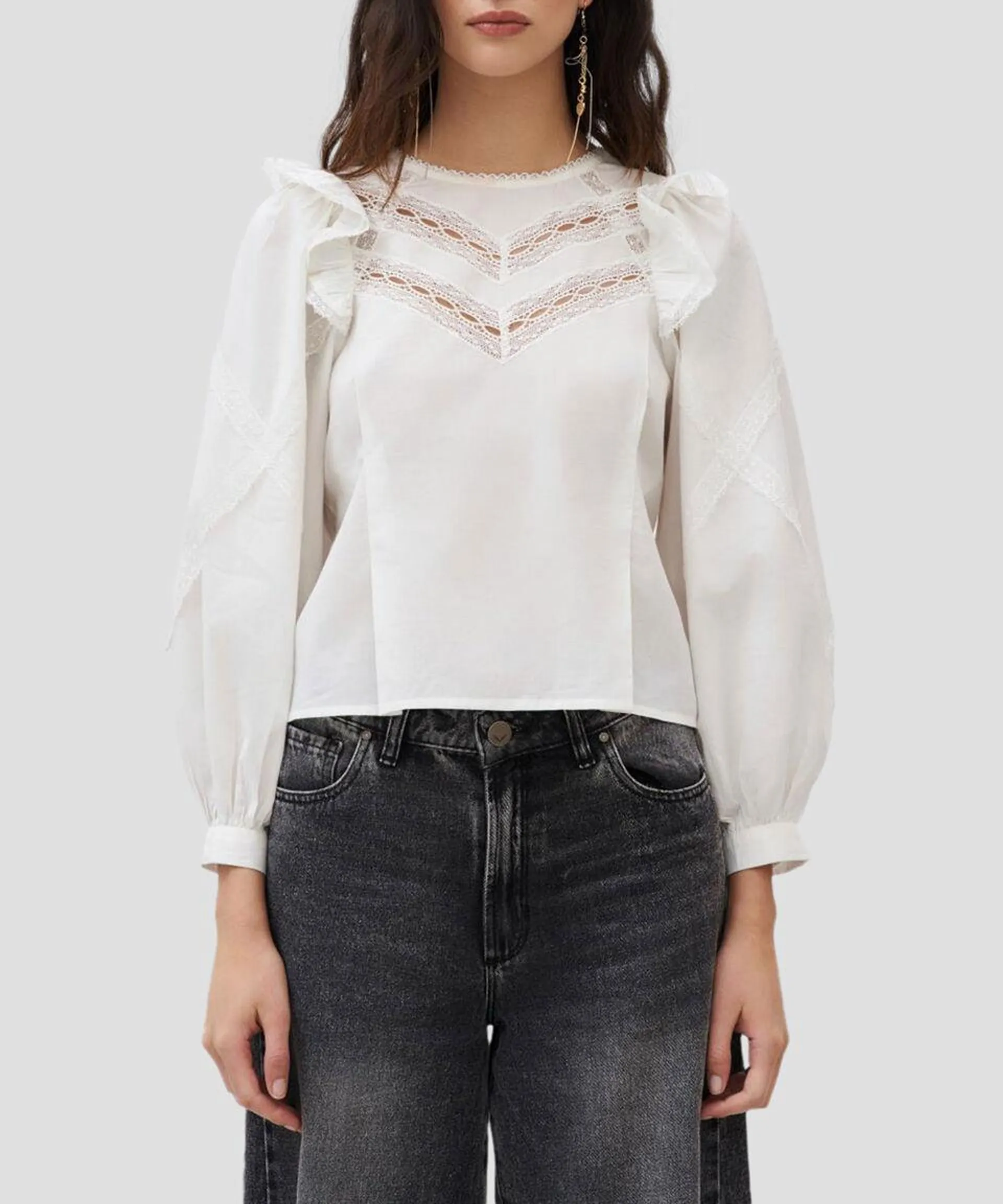 Blusa lisa con calado de manga larga Mujer