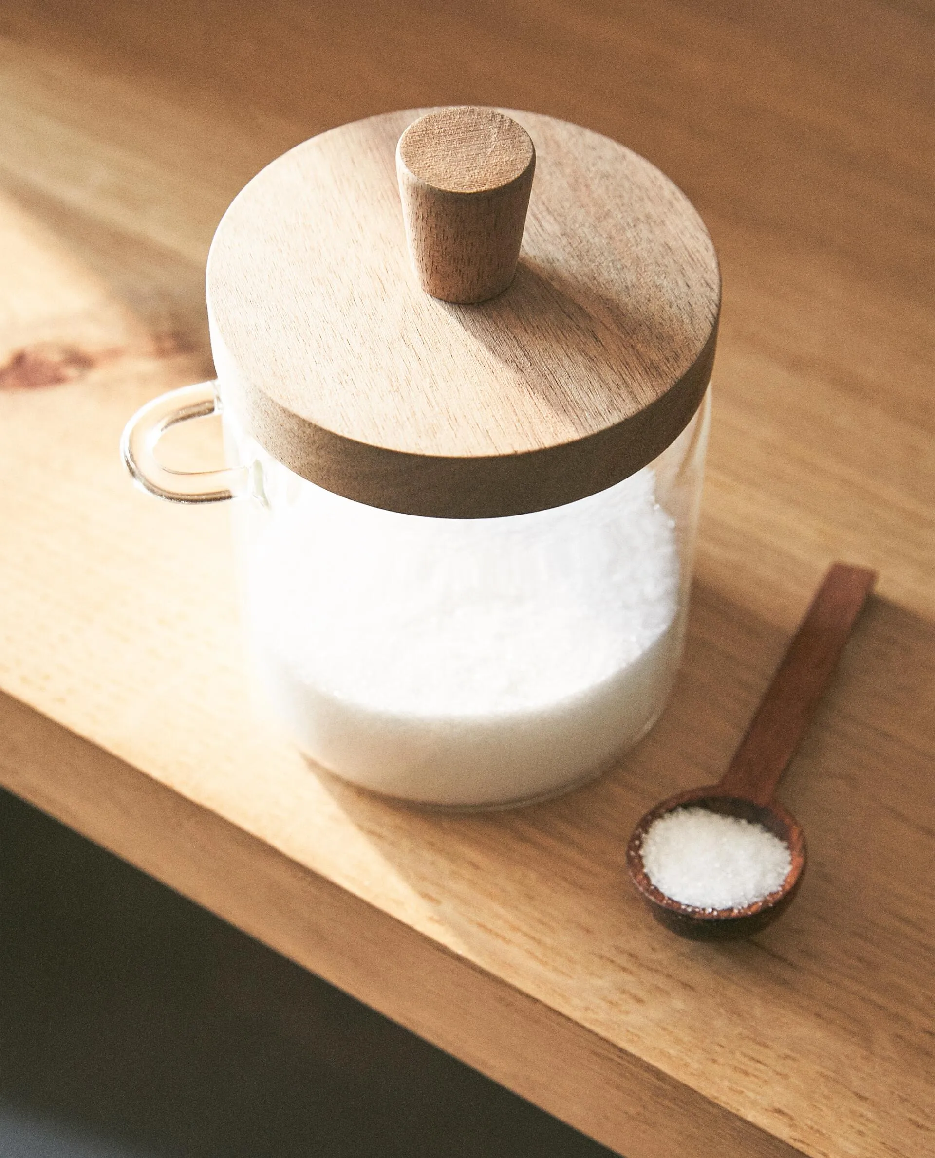 BOROSILICATE GLASS AND WOOD SUGAR BOWL