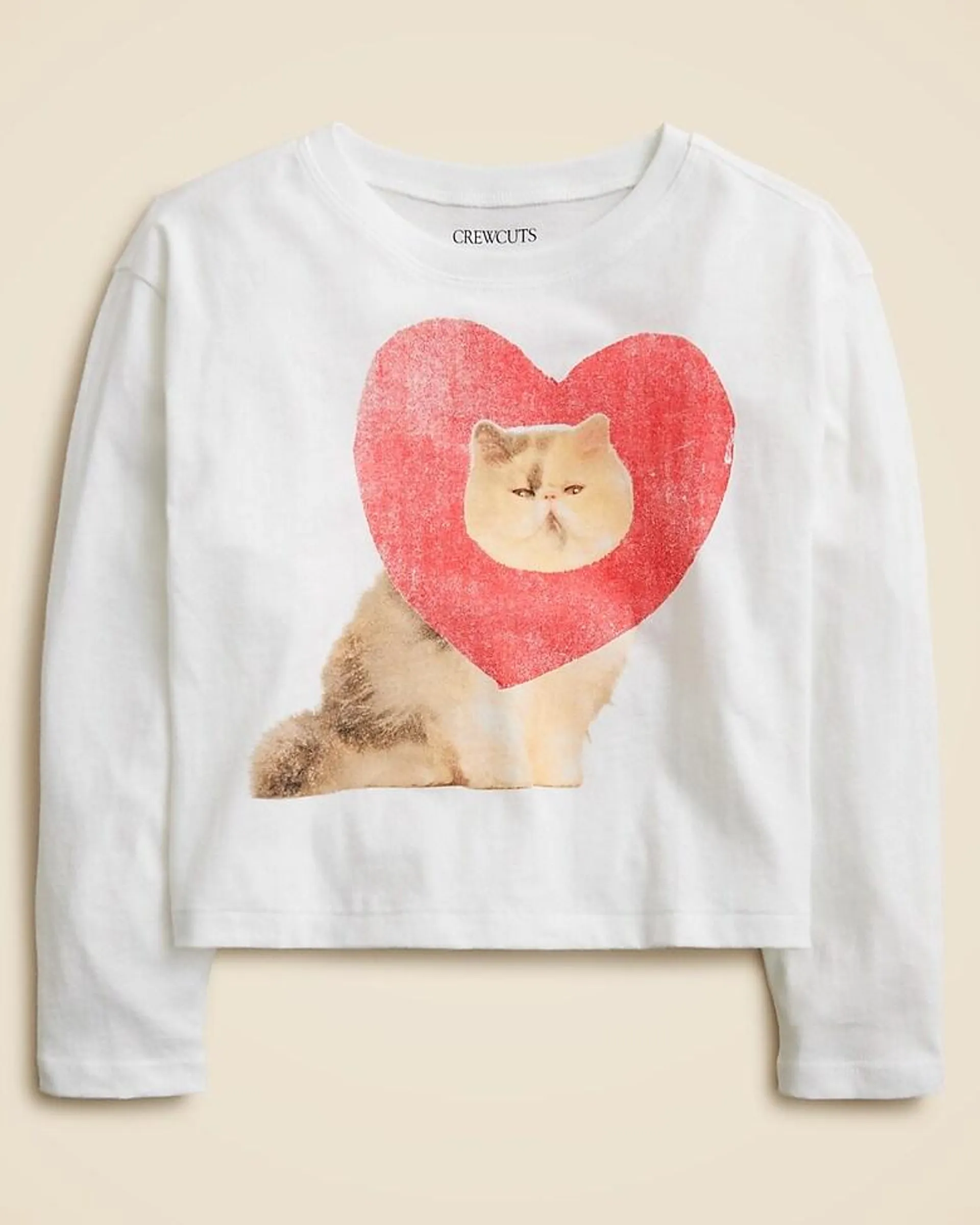 Girls' long-sleeve heart cat graphic T-shirt