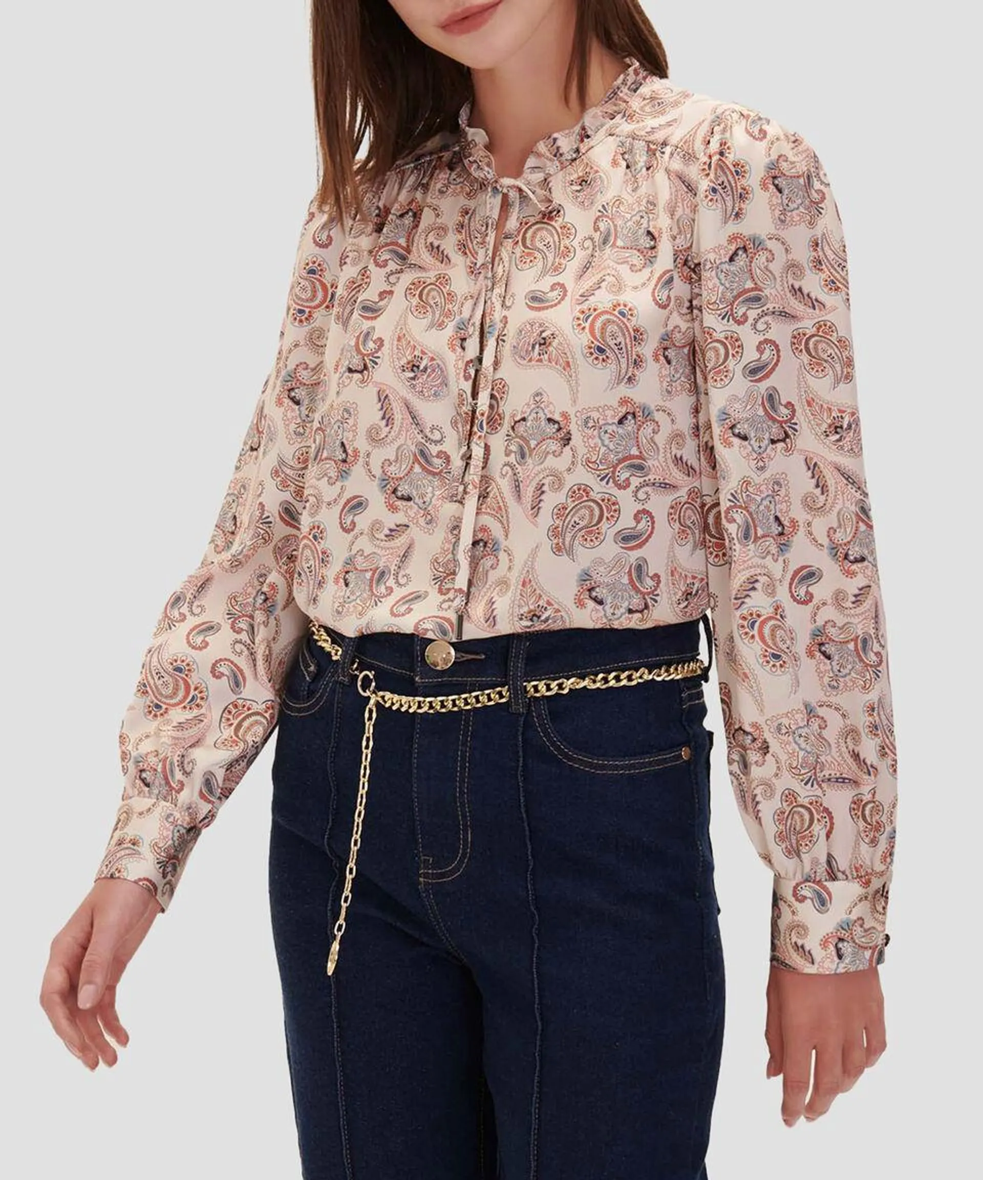 Blusa de Satín estampado Paisleys cuello escarola Mujer