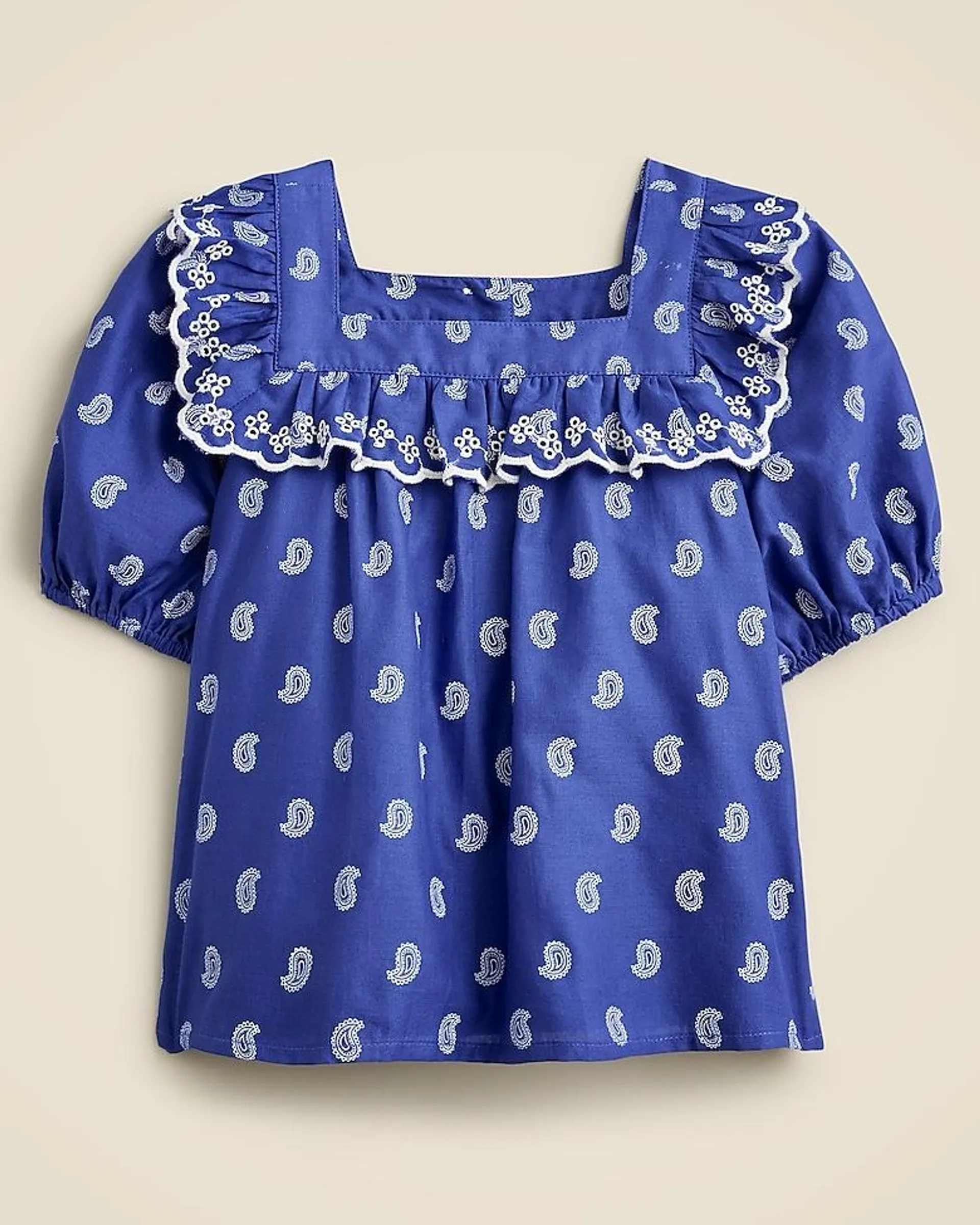 Girls' ruffle eyelet top in paisley voile