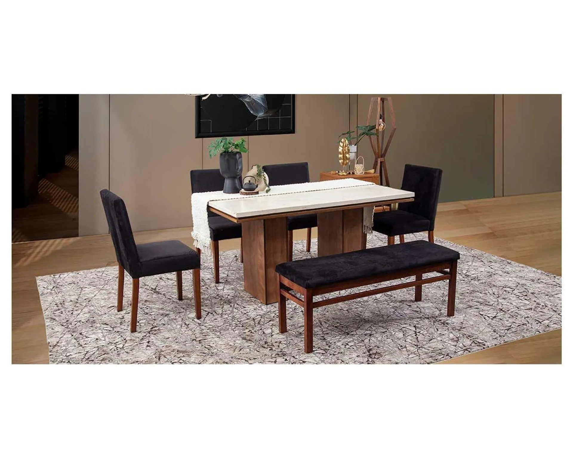 Comedor Rectangular De Mármol Alessia Beige/Negro 6 Piezas