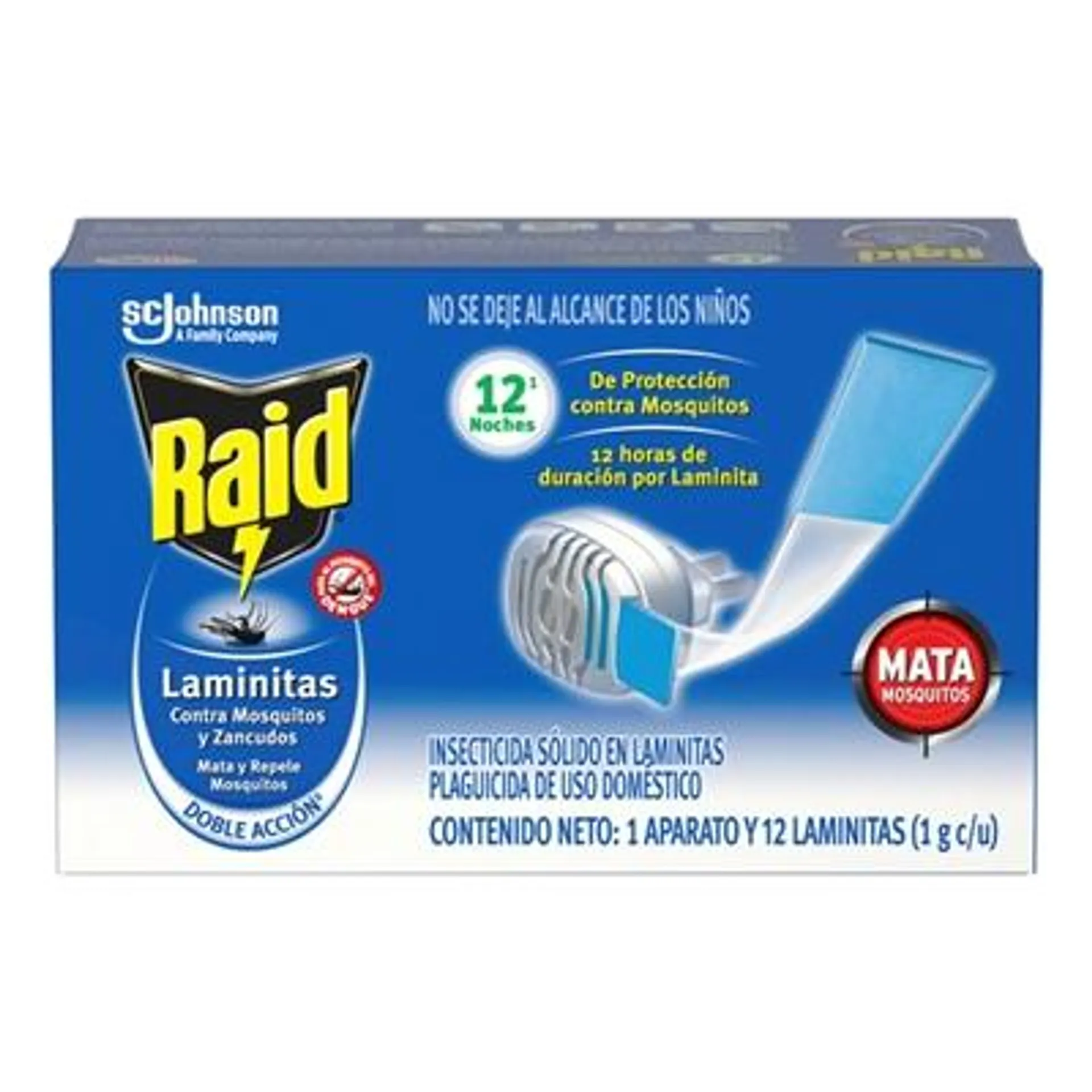 INSECTICIDA SÓLIDO 1 APARATO Y 12 LAMINITAS DE 100 MG BLANCO RAID