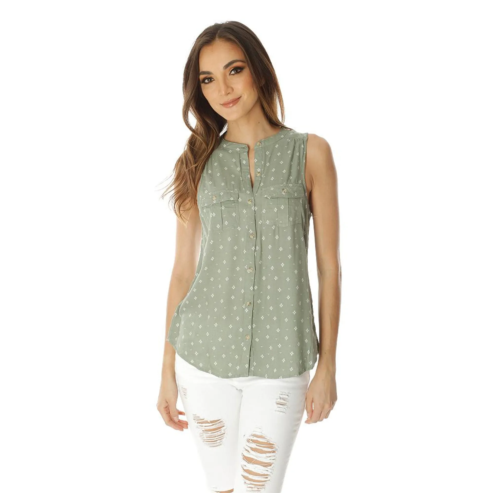 Blusa Marezzi Mujer Cuello Mao Sin Mangas 2 Bolsillos Frontales