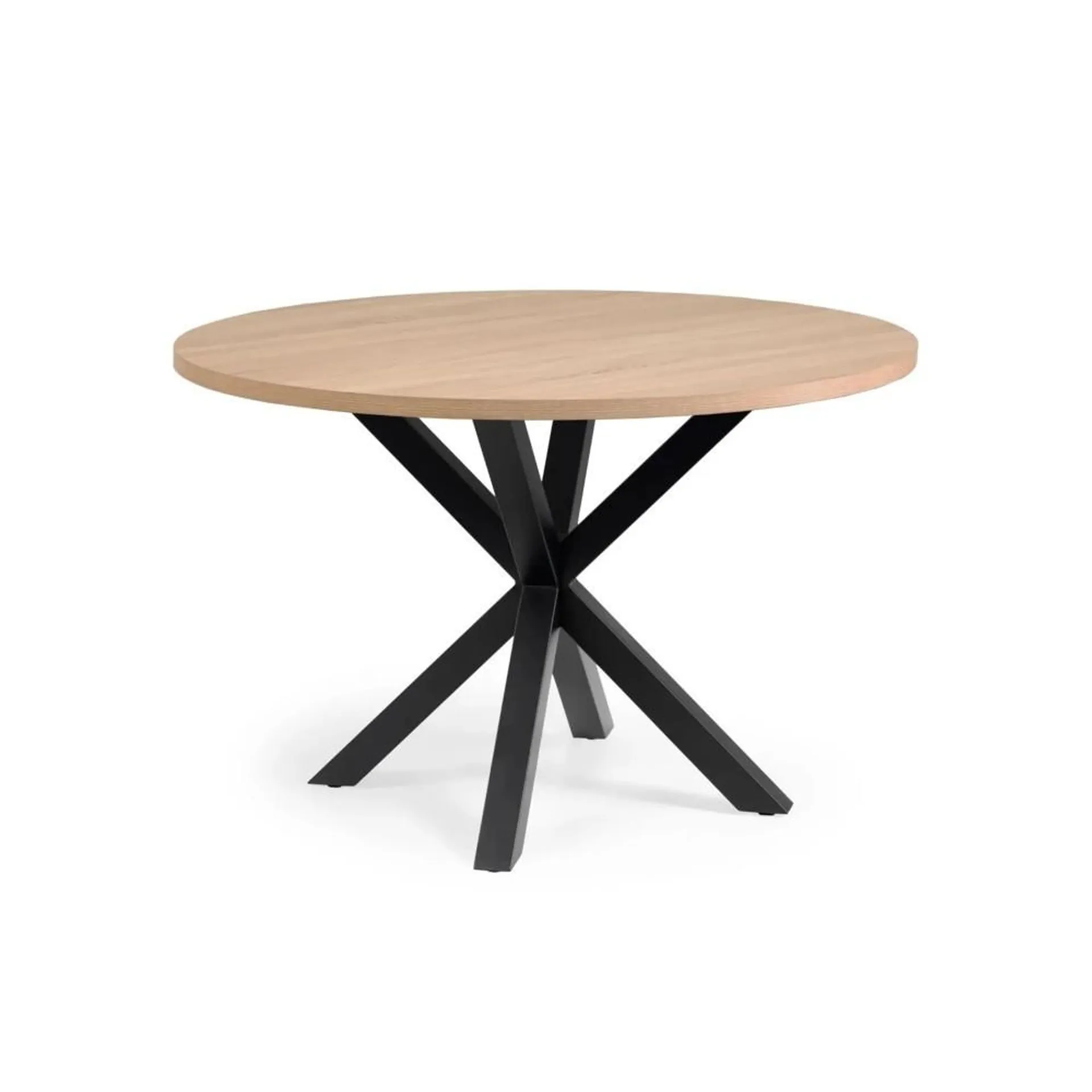 Reina - Mesa de comedor redonda estilo moderno fija con estructura negra y cubierta de encino