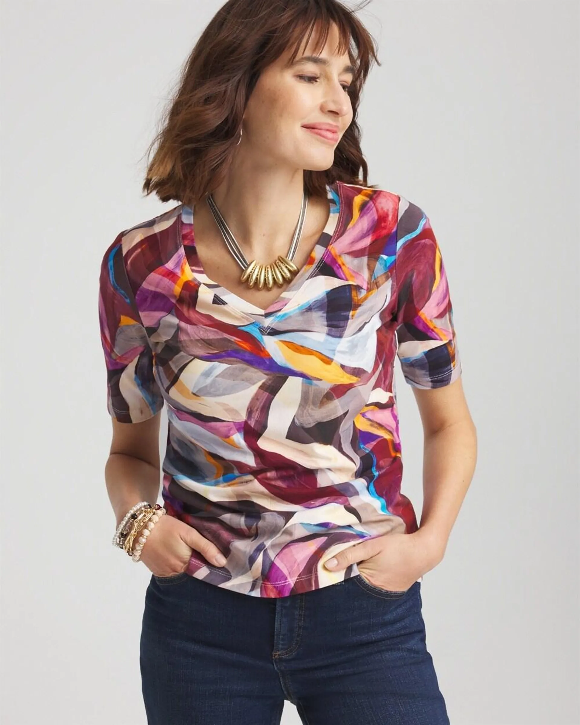 Abstract V-Neck Elbow Sleeve Tee