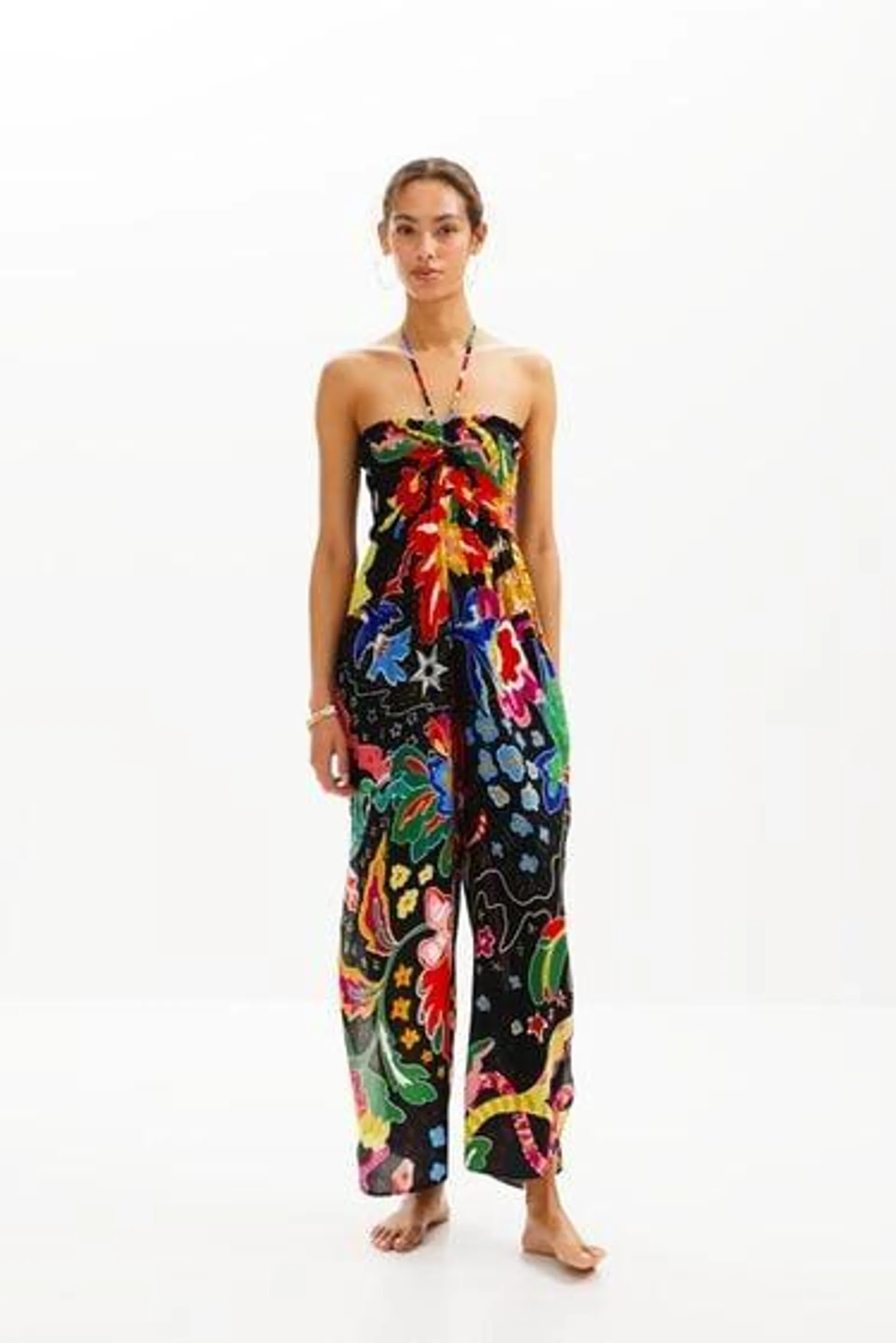 Jungle design halter neck jumpsuit